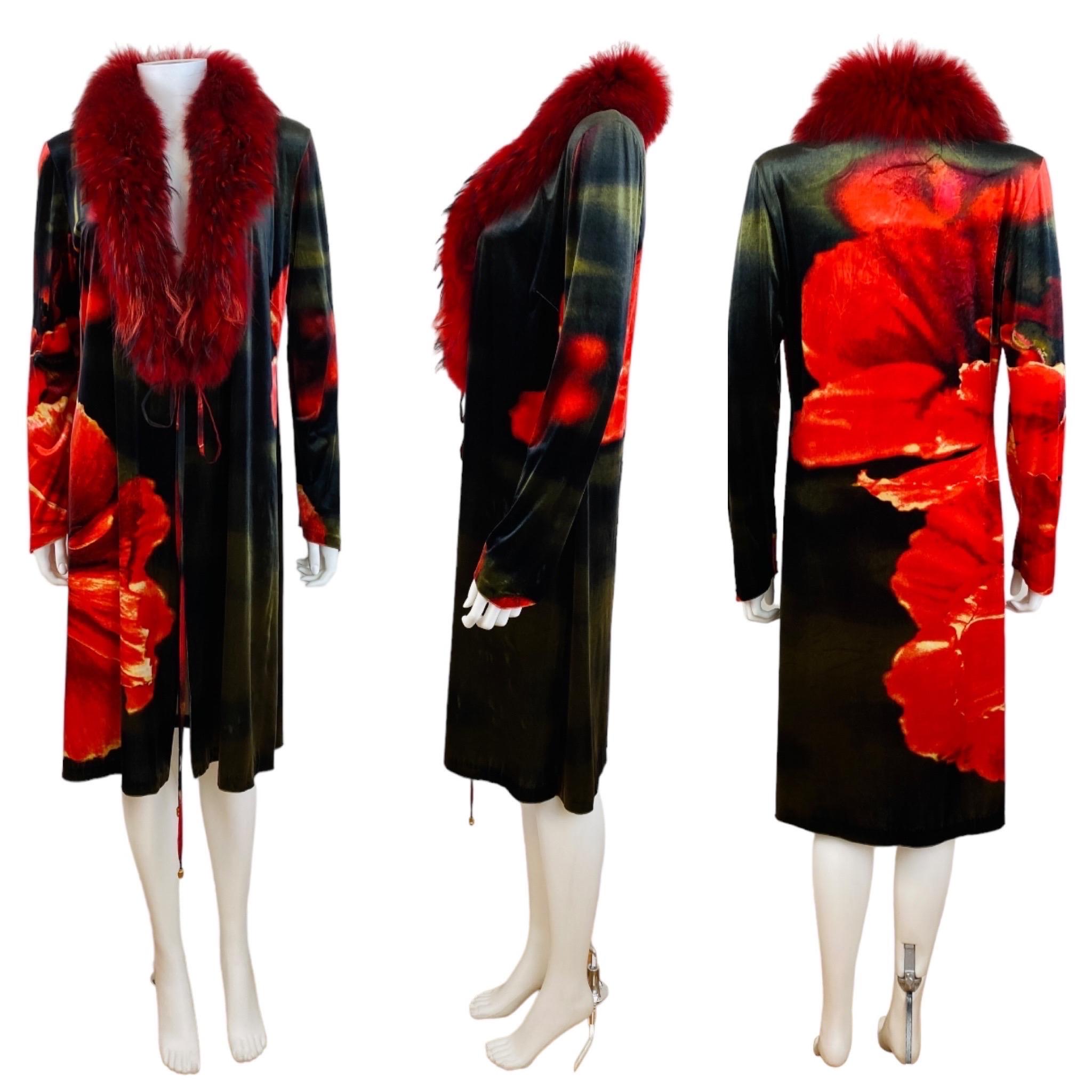 1999 Roberto Cavalli dress or jacket
Stretch velvet fabric with bold oversized abstract floral print
Can be worn wrap style as a dress or as a jacket
Long tapered sleeves
V neckline trimmed in red fox fur collar
Long silk ties at the waist with gold