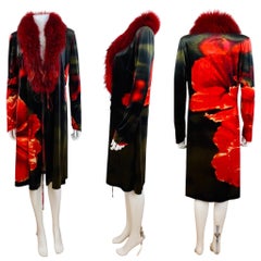 Vintage F/W 1999 Roberto Cavalli Velvet Red Floral Jacket Dress Fox Fur Collar