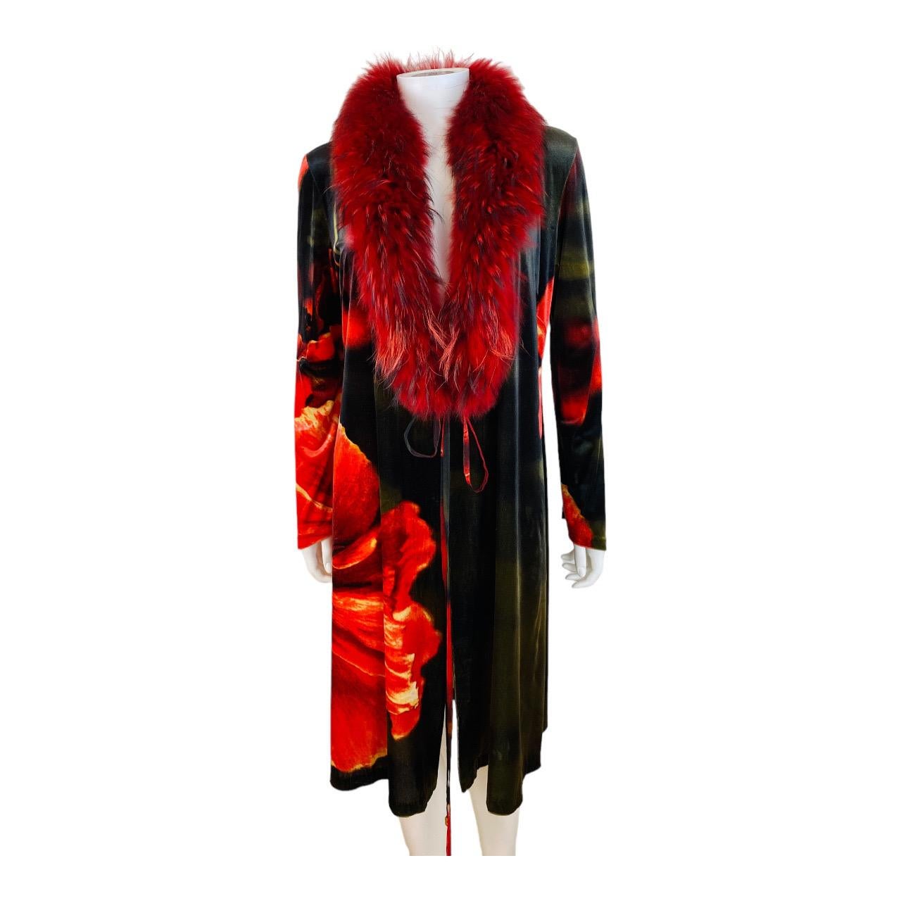 Vintage H/W 1999 Roberto Cavalli Samt Rot Floral Jacke Kleid mit Fuchspelzkragen Damen im Angebot