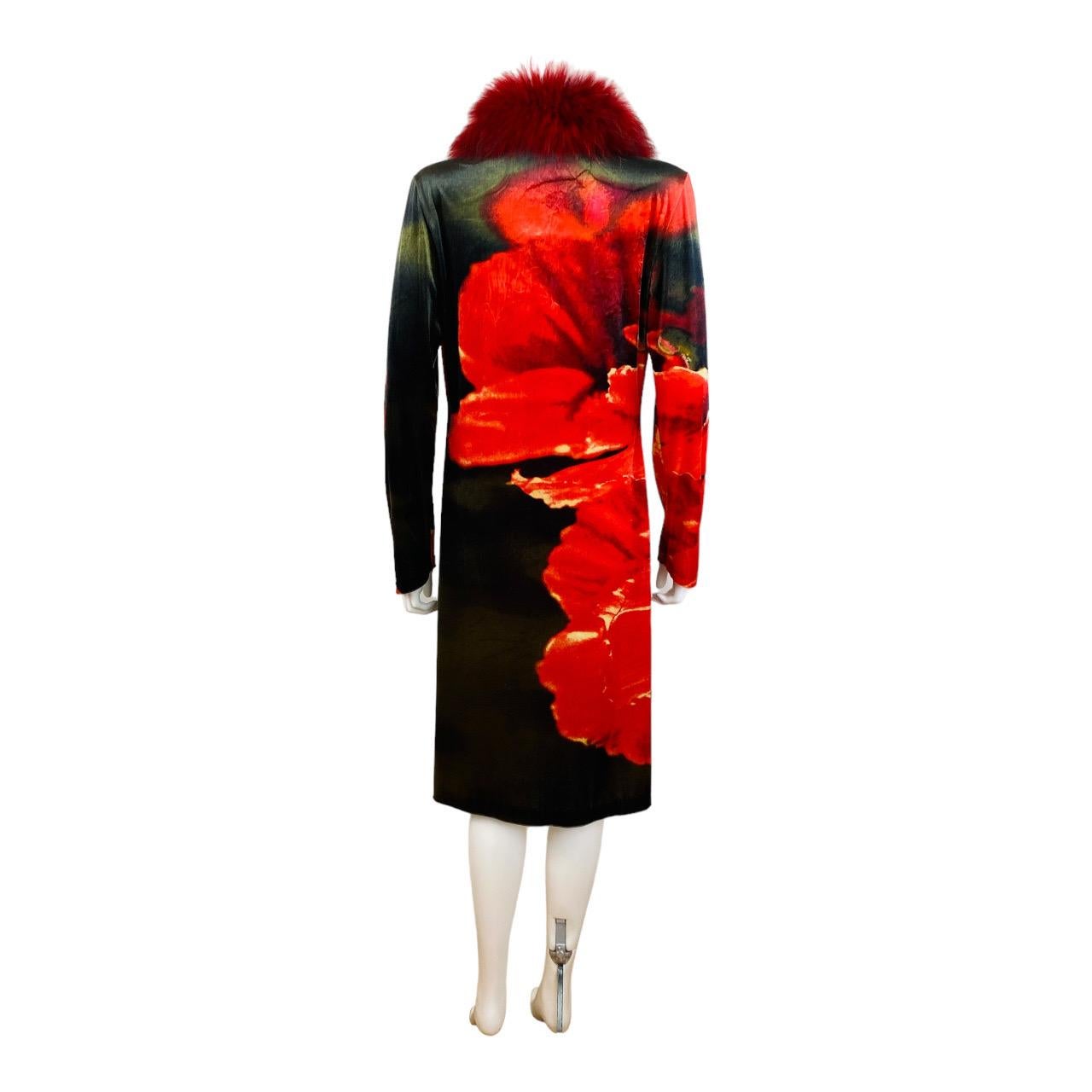 Vintage F/W 1999 Roberto Cavalli Velvet Red Floral Jacket Dress Fox Fur Collar For Sale 3