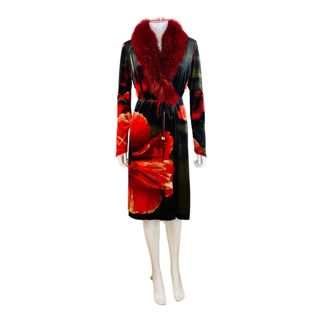 Vintage F/W 1999 Roberto Cavalli Velvet Red Floral Jacket Dress Fox Fur Collar For Sale 5