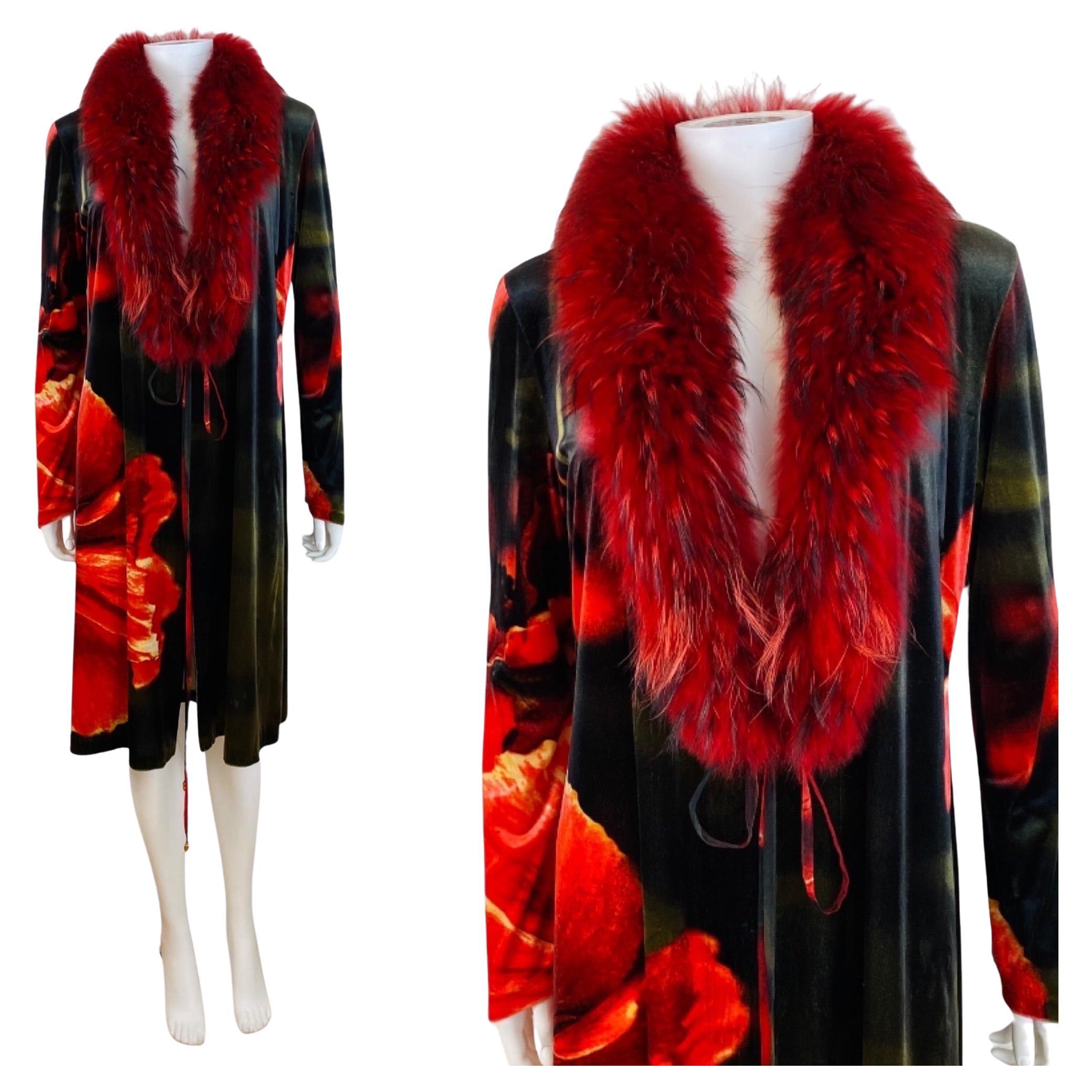 Vintage F/W 1999 Roberto Cavalli Velvet Red Floral Jacket Dress Fox Fur Collar For Sale