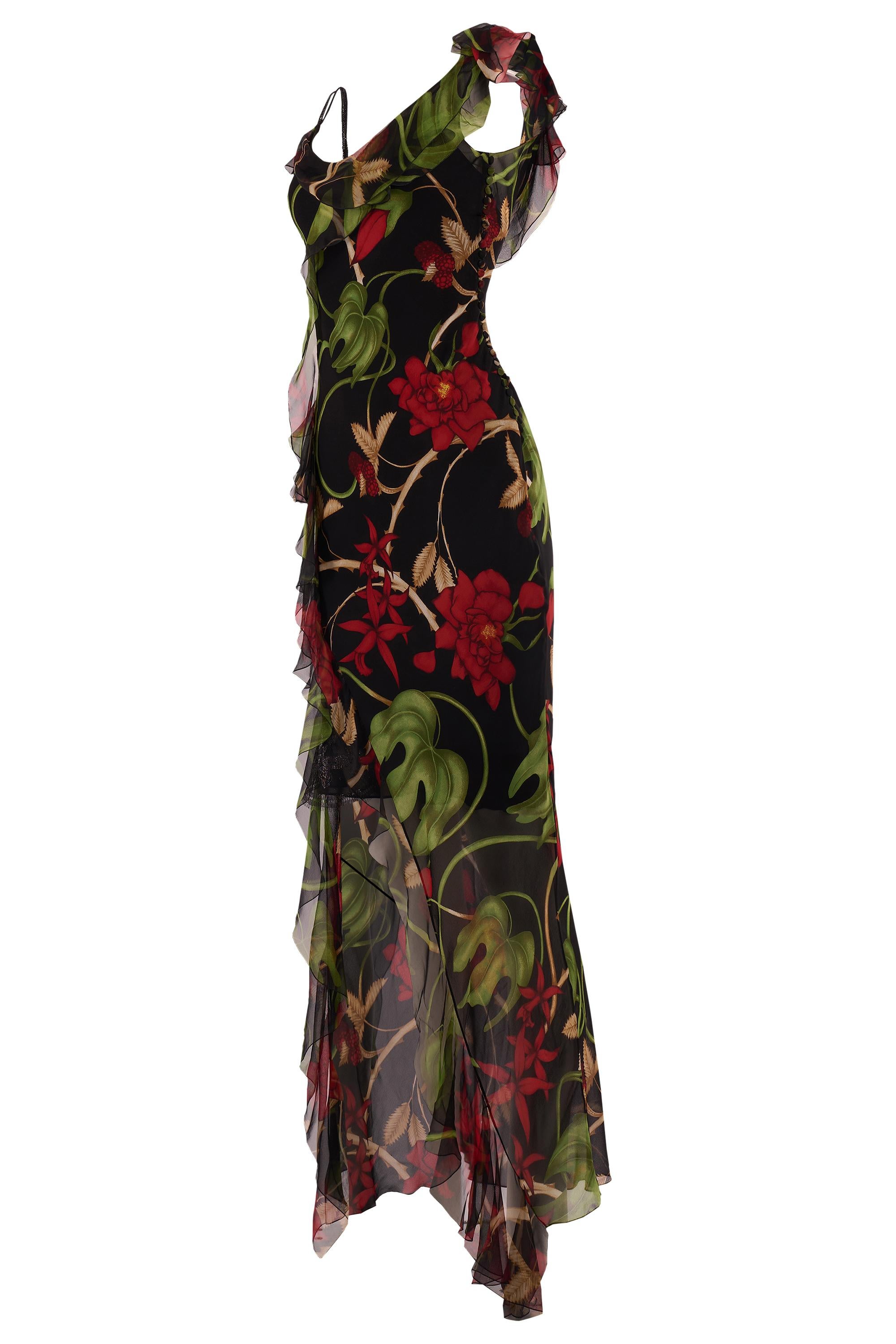 Vintage F&F Vintage 2002 Christian Dior by John Galliano Robe en soie florale. La robe se compose d'une mousseline 100 % soie à imprimé floral rouge et vert, d'un volant asymétrique drapé de l'épaule au buste, l'autre bretelle étant composée de deux