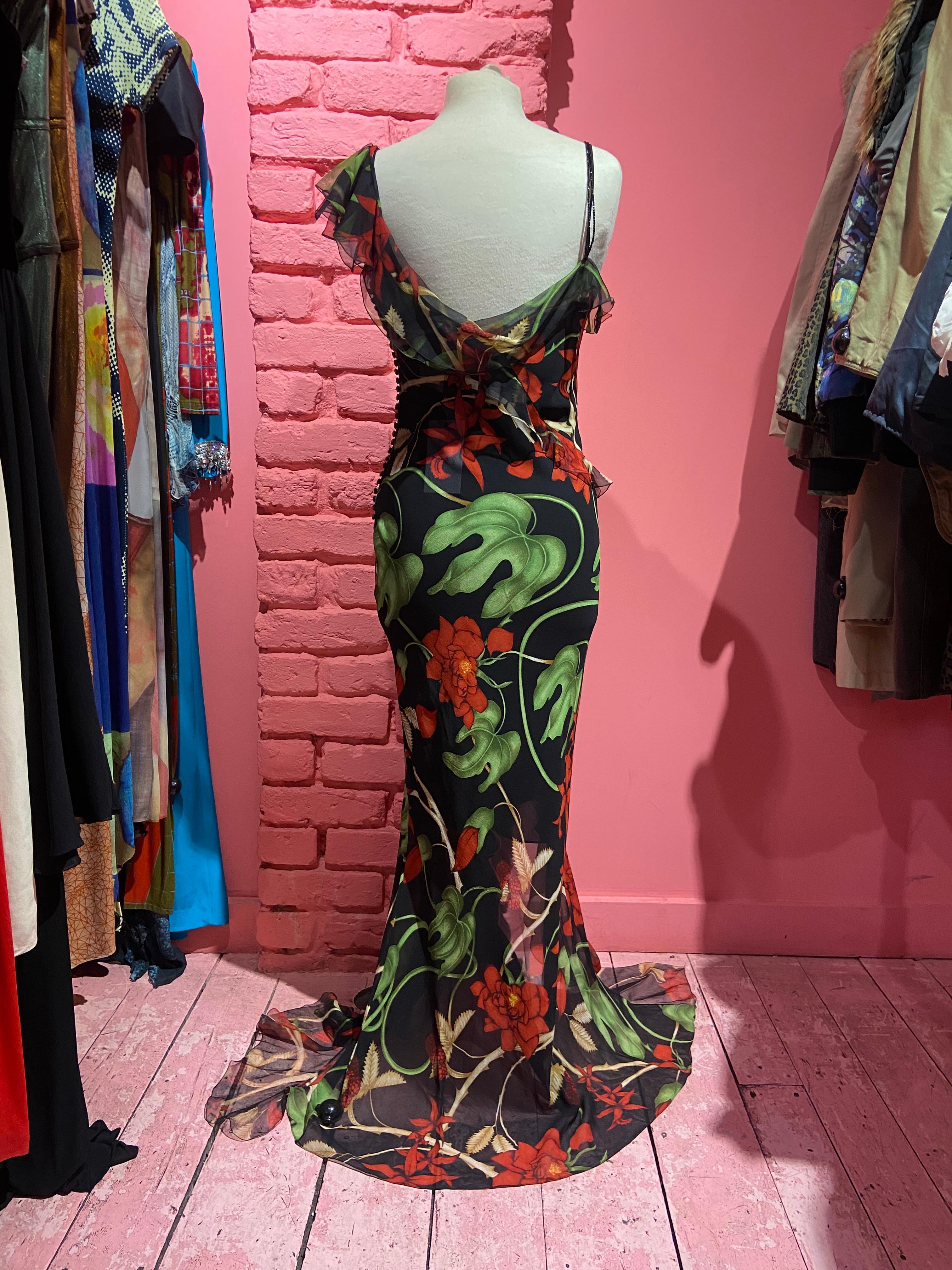 Black Vintage F/W 2002 Christian Dior by John Galliano Floral Bias Cut Silk Gown For Sale