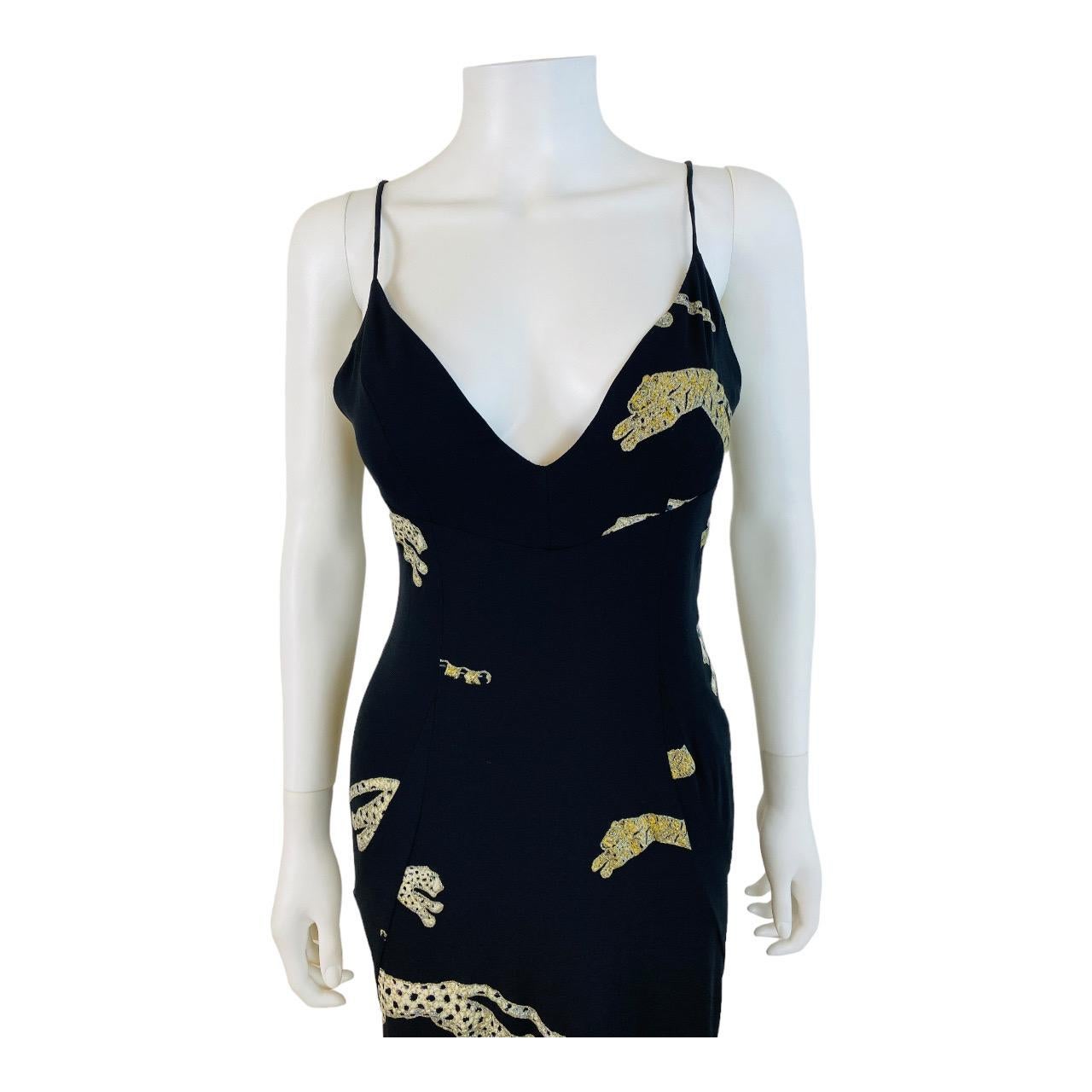 Vintage F/W 2002 Roberto Cavalli Black Silk Slip Maxi Dress Gown Leopard Cheetah In Excellent Condition For Sale In Denver, CO