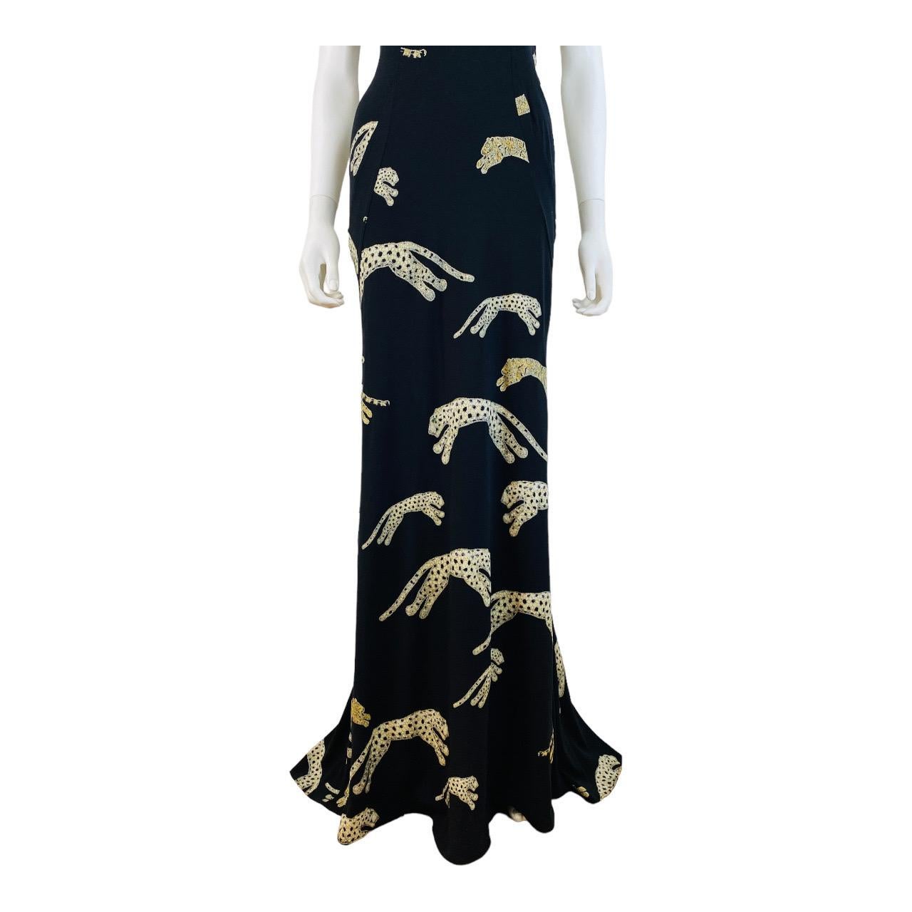 Robe longue en soie noire imprimée guépard léopard vintage Roberto Cavalli, A/H 2002 en vente 1