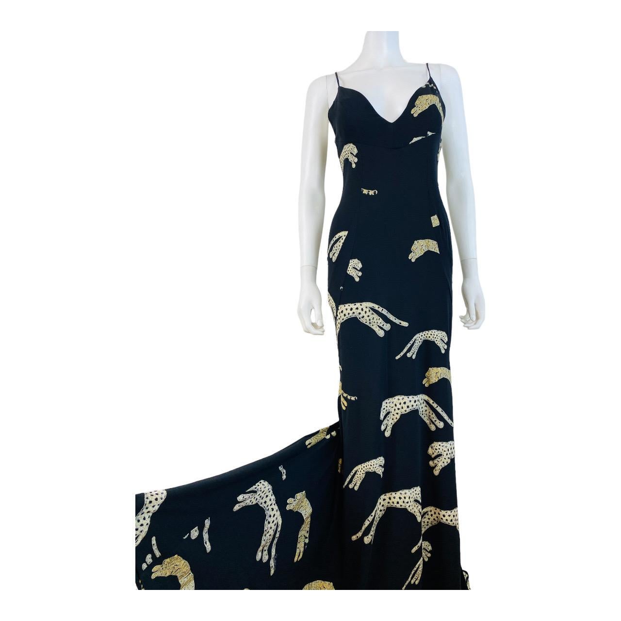 Vintage F/W 2002 Roberto Cavalli Black Silk Slip Maxi Dress Gown Leopard Cheetah For Sale 2