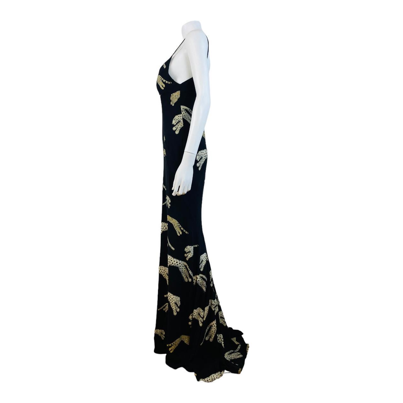 Vintage F/W 2002 Roberto Cavalli Black Silk Slip Maxi Dress Gown Leopard Cheetah For Sale 4