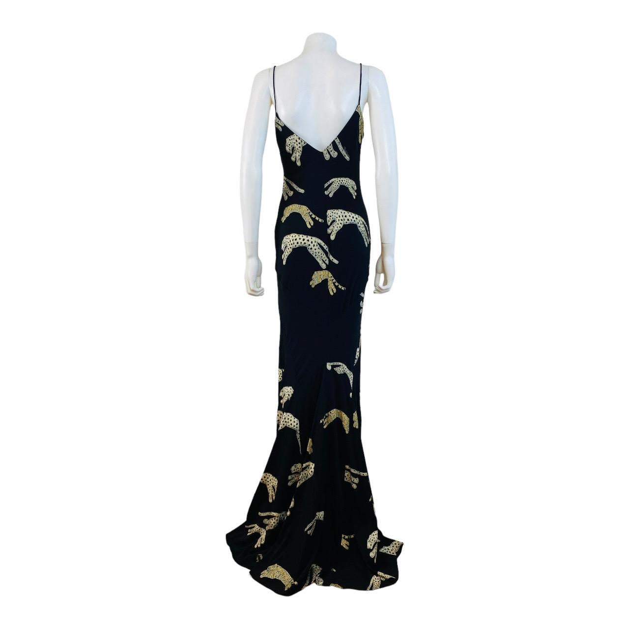 Vintage F/W 2002 Roberto Cavalli Black Silk Slip Maxi Dress Gown Leopard Cheetah For Sale 5