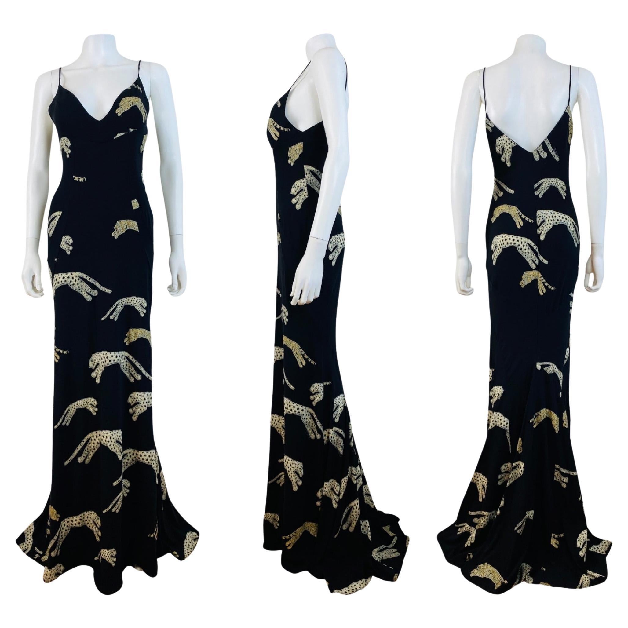 Vintage F/W 2002 Roberto Cavalli Black Silk Slip Maxi Dress Gown Leopard Cheetah For Sale