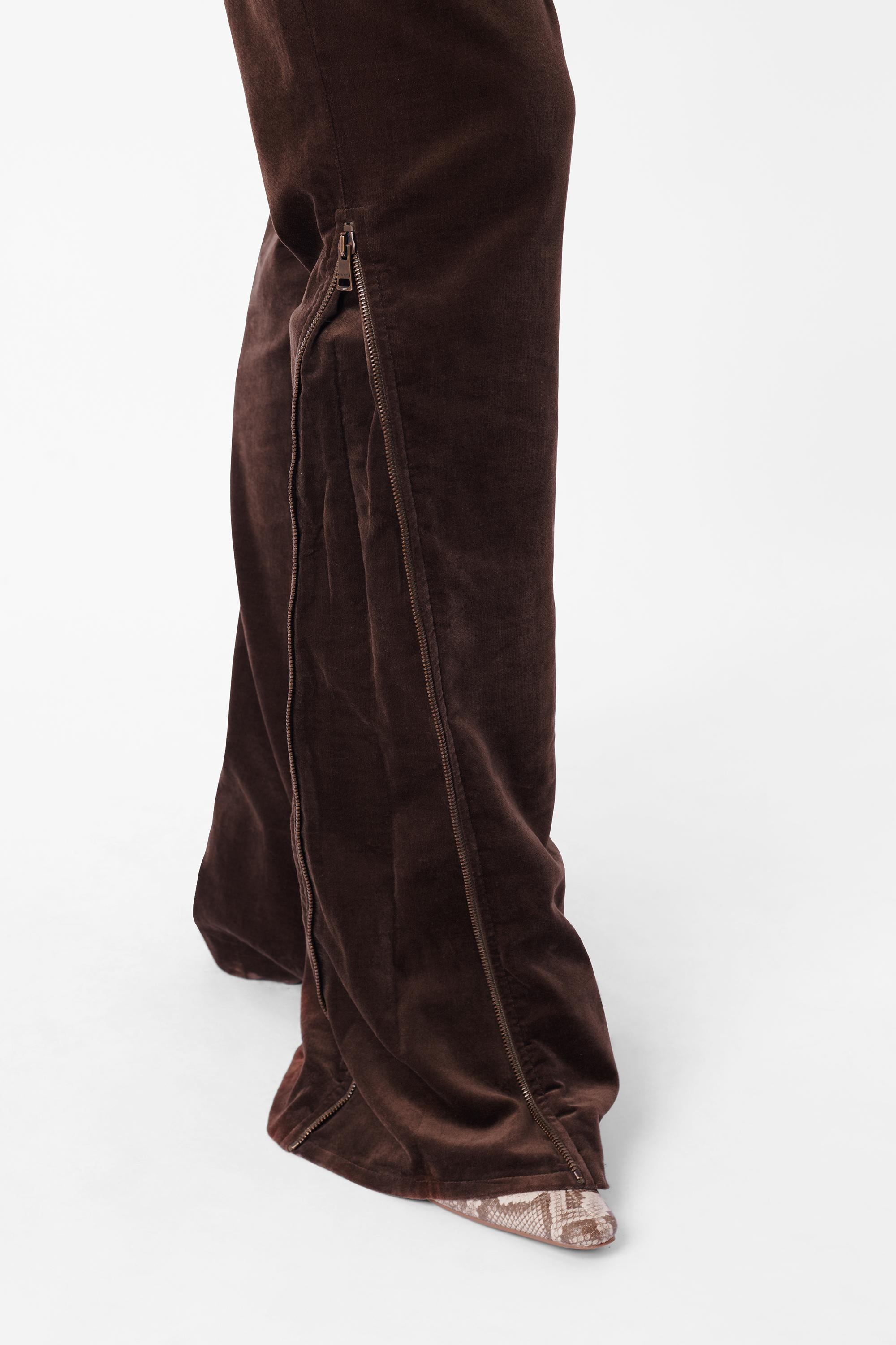 Vintage F/W 2003 Brown Velvet Zip Trousers For Sale 1