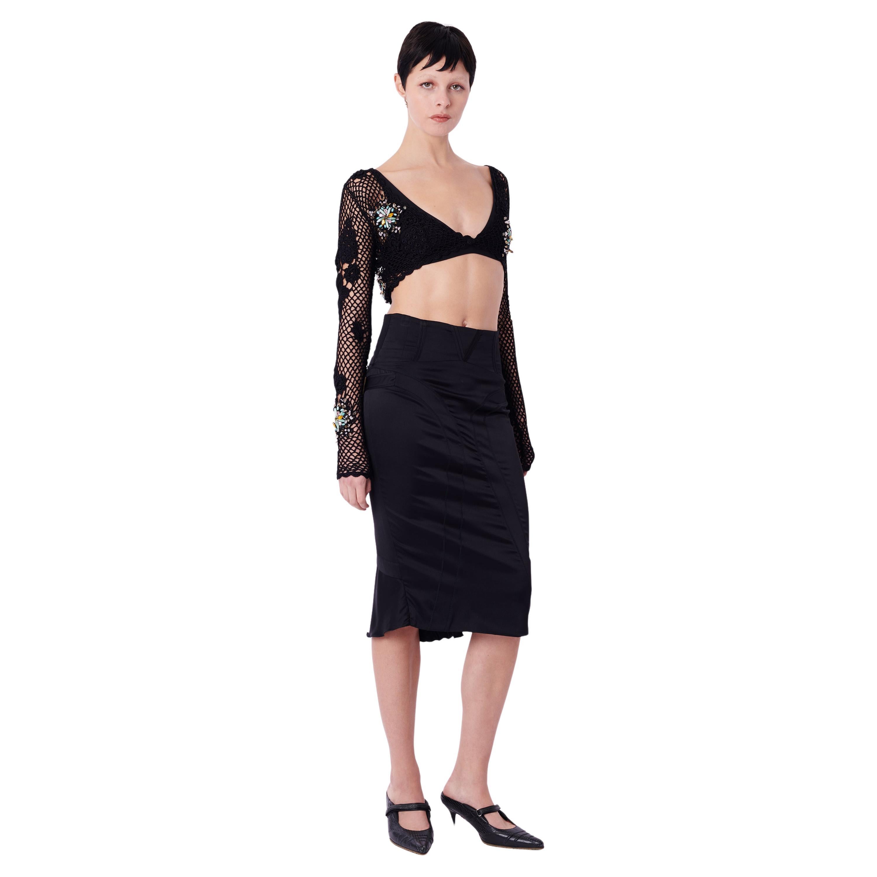 Vintage F/W 2003 Ruched Black Buckle Satin Skirt For Sale
