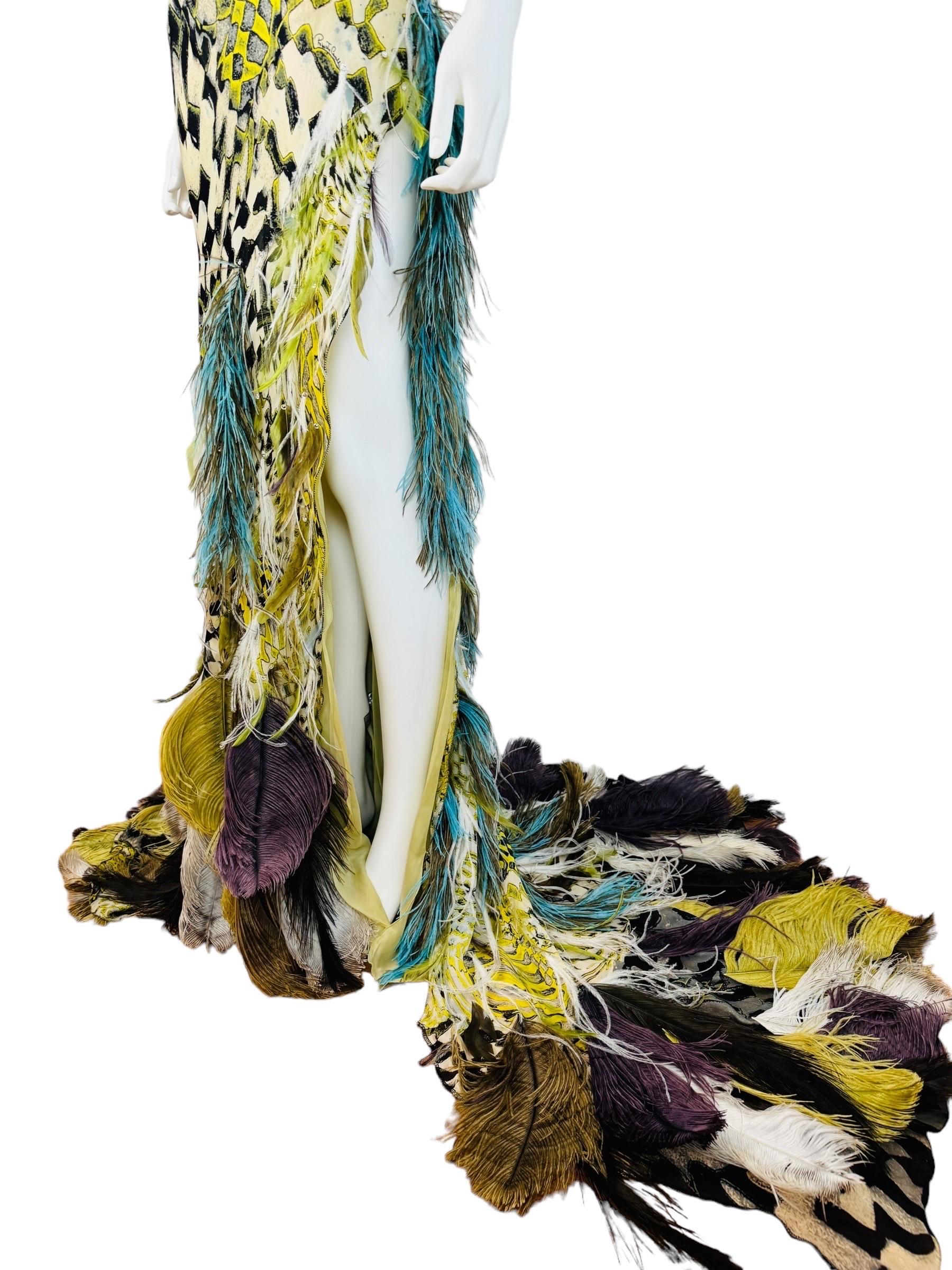 Vintage F/W 2003 Runway Roberto Cavalli Beaded Cut Out Feather Gown Dress 7