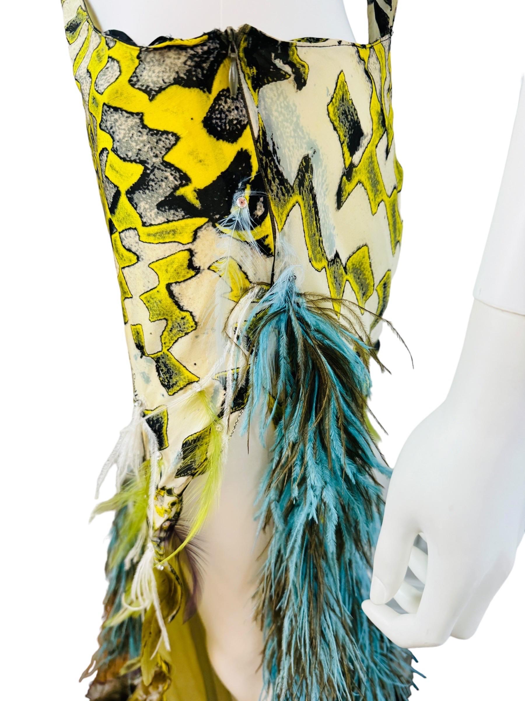 Vintage F/W 2003 Runway Roberto Cavalli Beaded Cut Out Feather Gown Dress 8