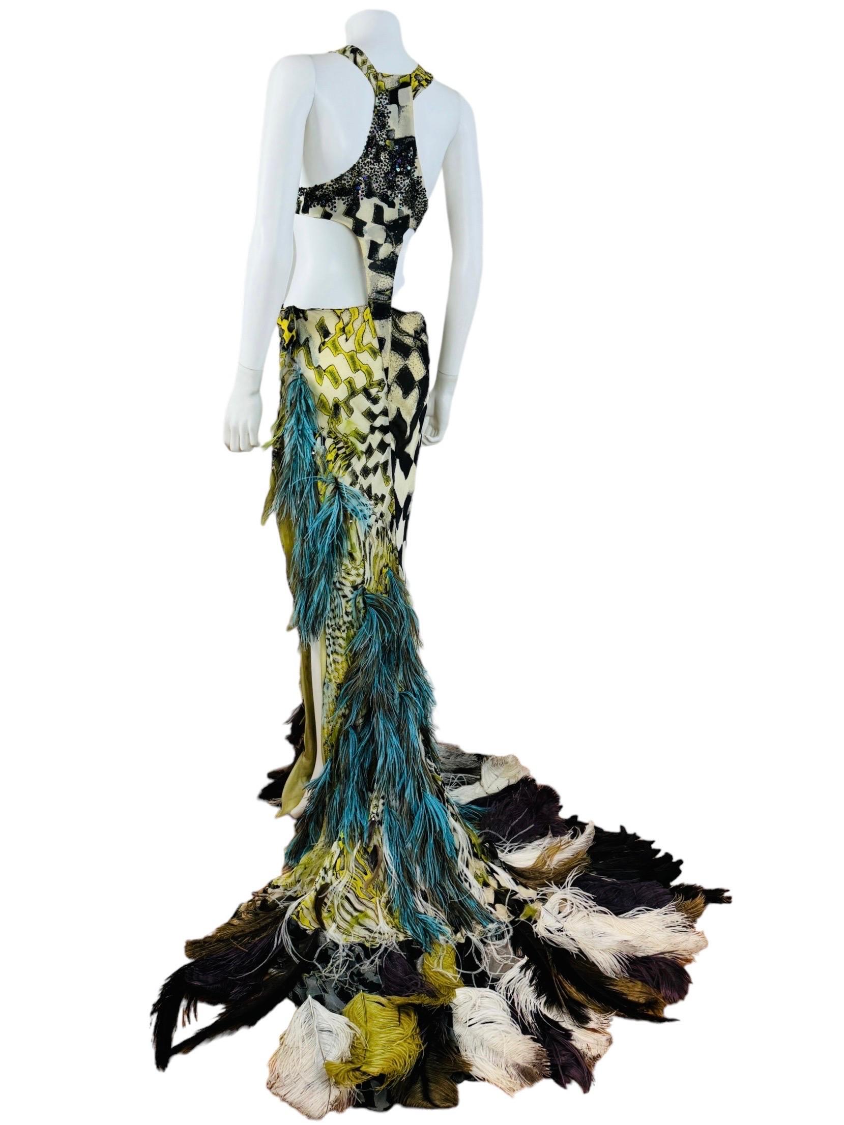 Vintage F/W 2003 Runway Roberto Cavalli Beaded Cut Out Feather Gown Dress 9