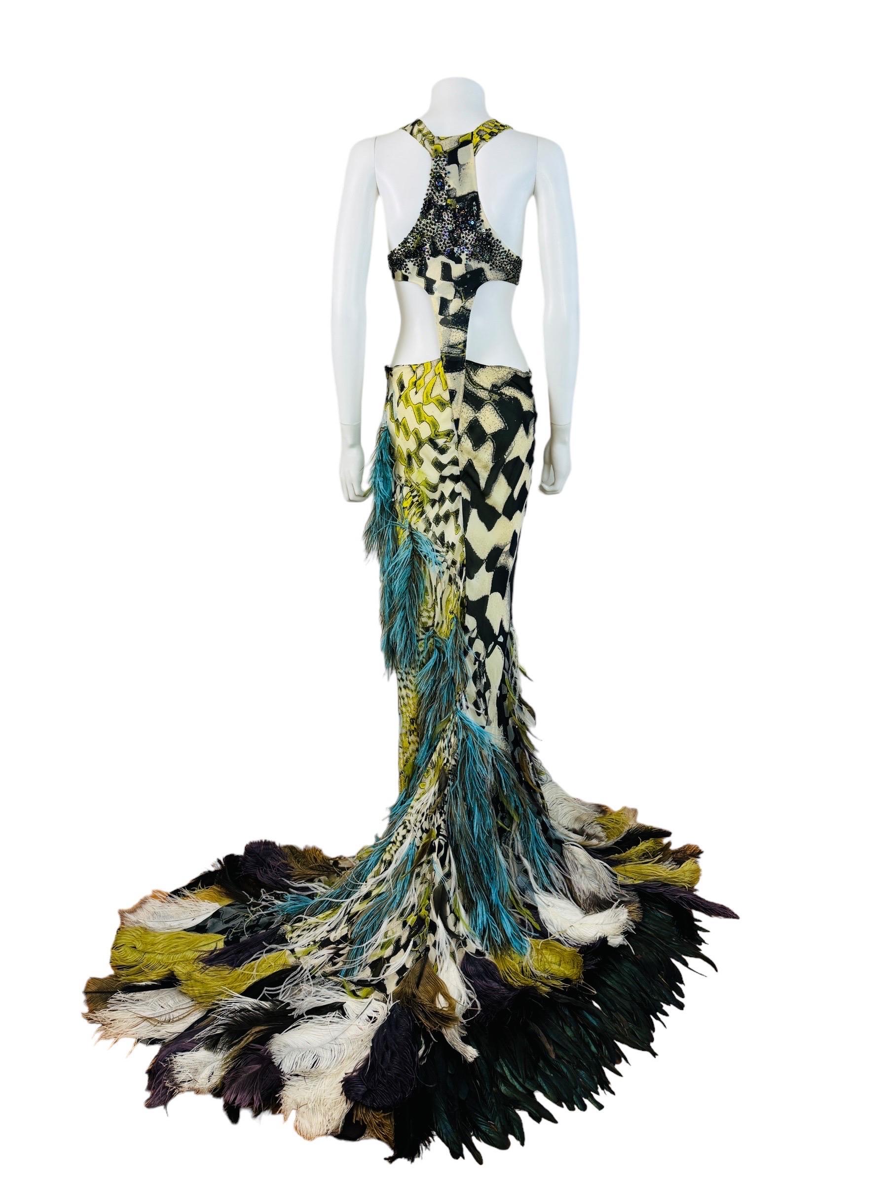 Vintage F/W 2003 Runway Roberto Cavalli Beaded Cut Out Feather Gown Dress 10