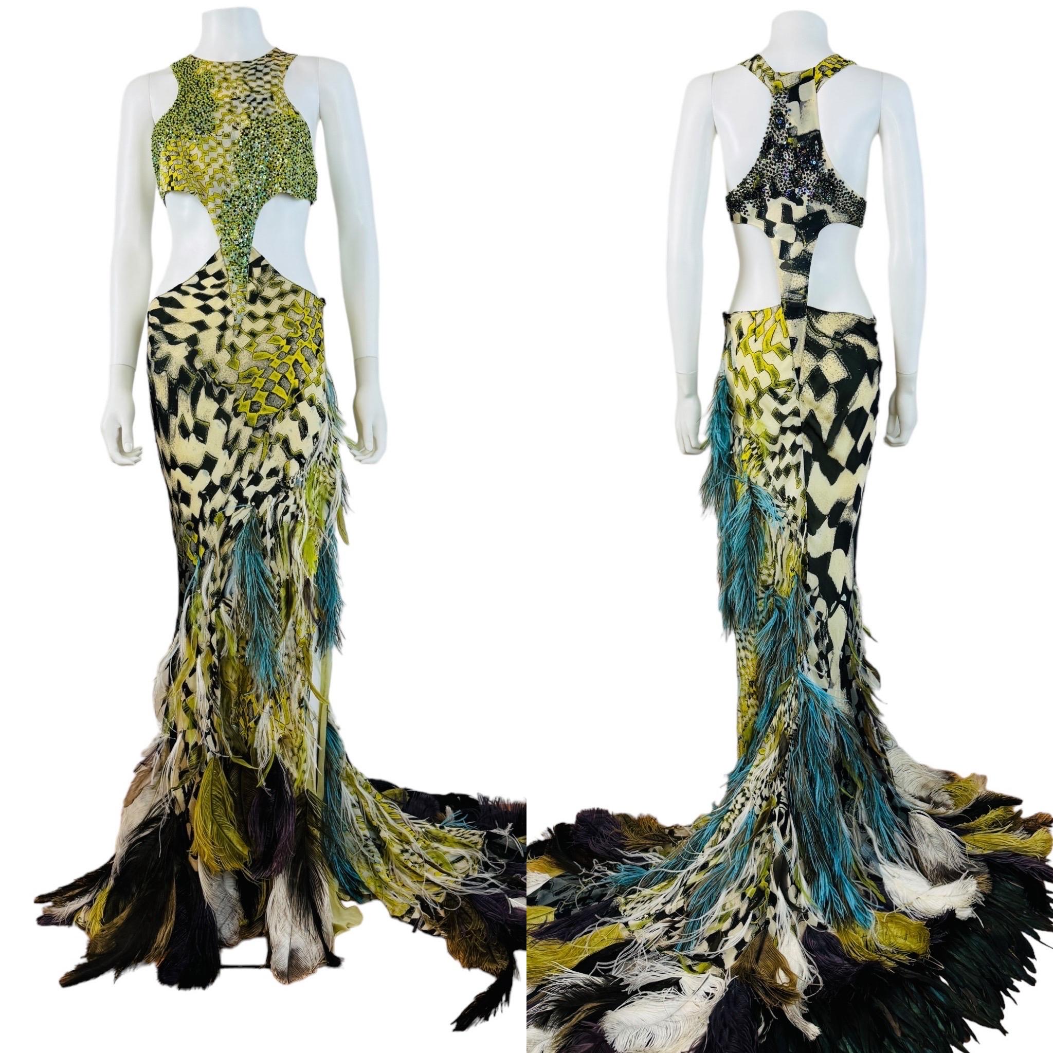 Gray Vintage F/W 2003 Runway Roberto Cavalli Beaded Cut Out Feather Gown Dress