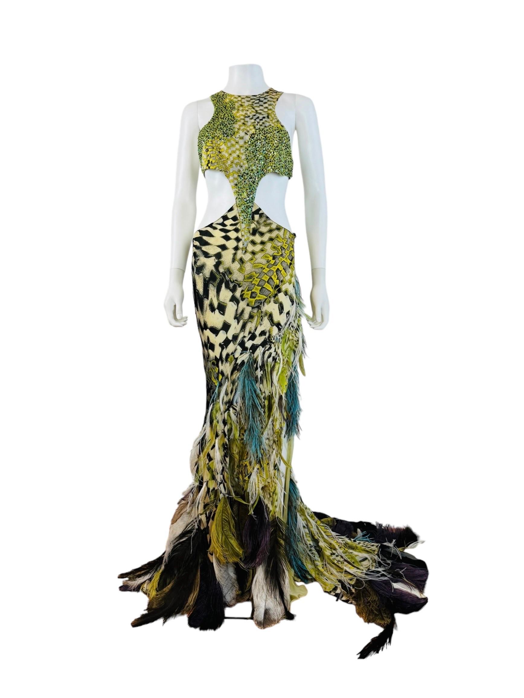 Vintage F/W 2003 Runway Roberto Cavalli Beaded Cut Out Feather Gown Dress 1