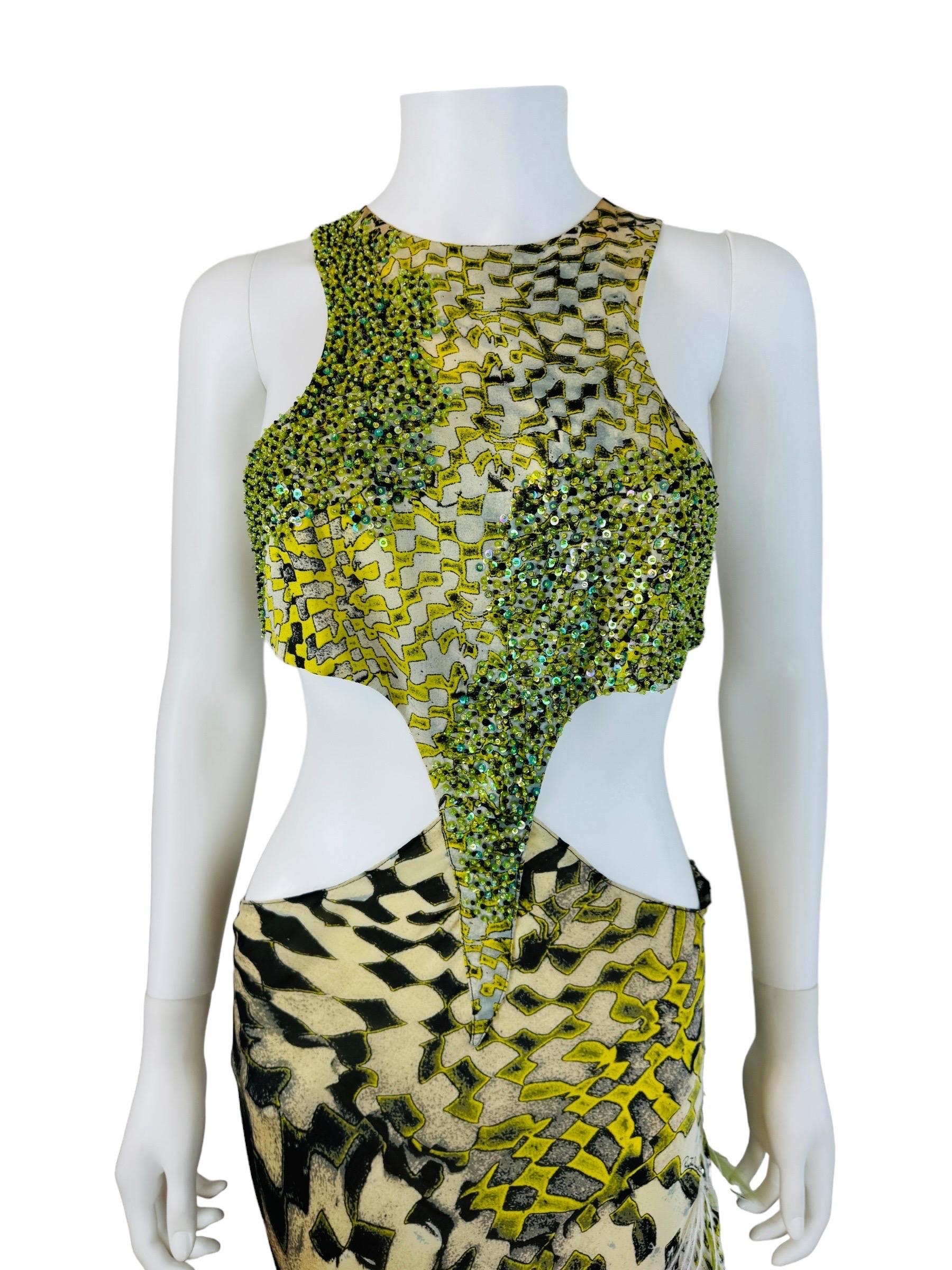 Vintage F/W 2003 Runway Roberto Cavalli Beaded Cut Out Feather Gown Dress 2