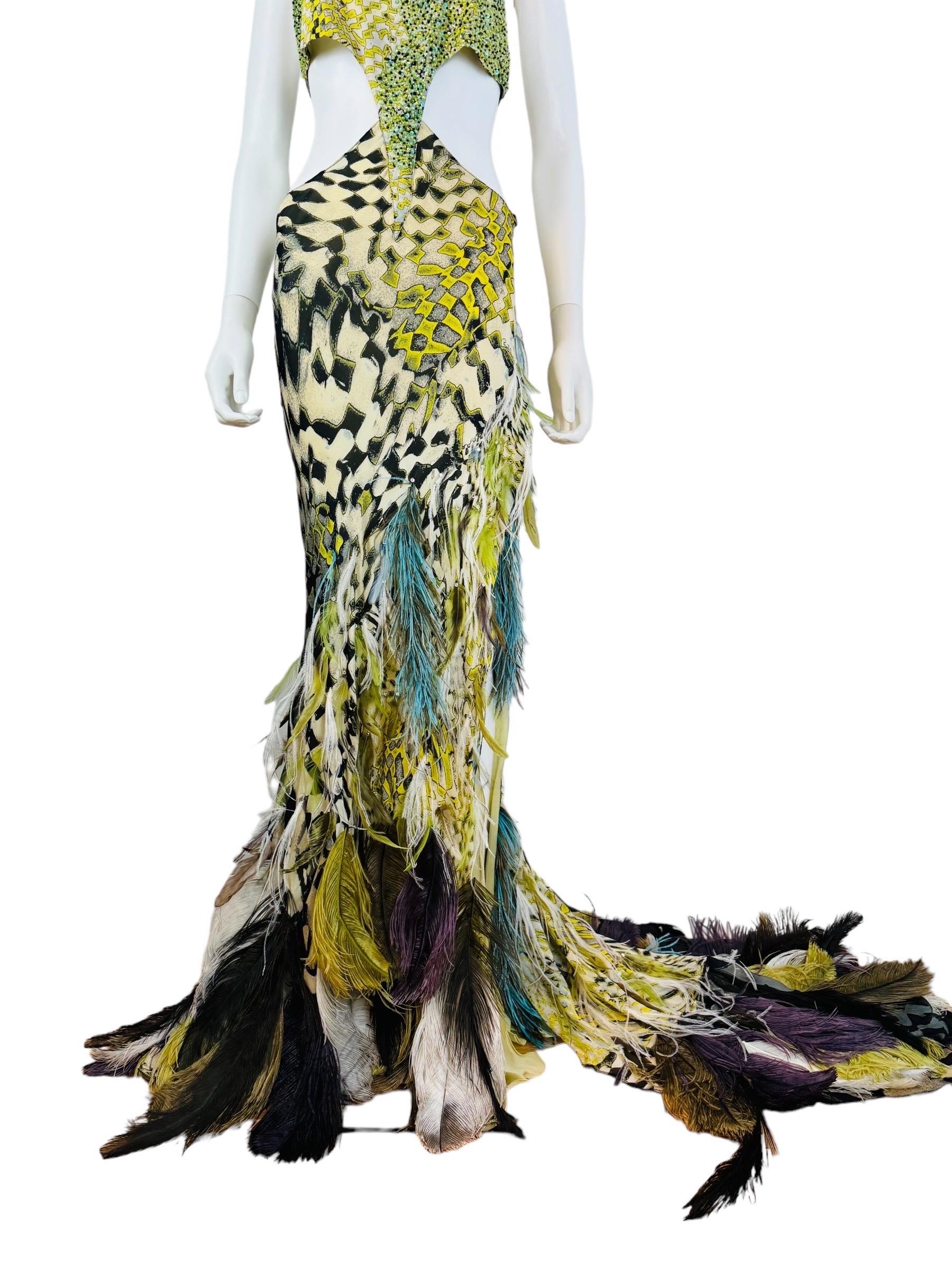 Vintage F/W 2003 Runway Roberto Cavalli Beaded Cut Out Feather Gown Dress 3