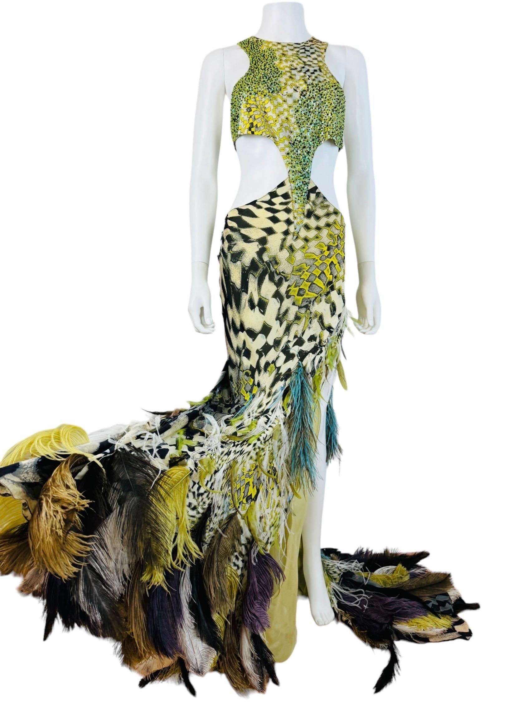 Vintage F/W 2003 Runway Roberto Cavalli Beaded Cut Out Feather Gown Dress 4