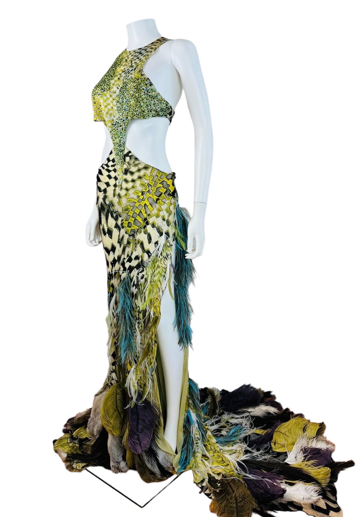 Vintage F/W 2003 Runway Roberto Cavalli Beaded Cut Out Feather Gown Dress 5