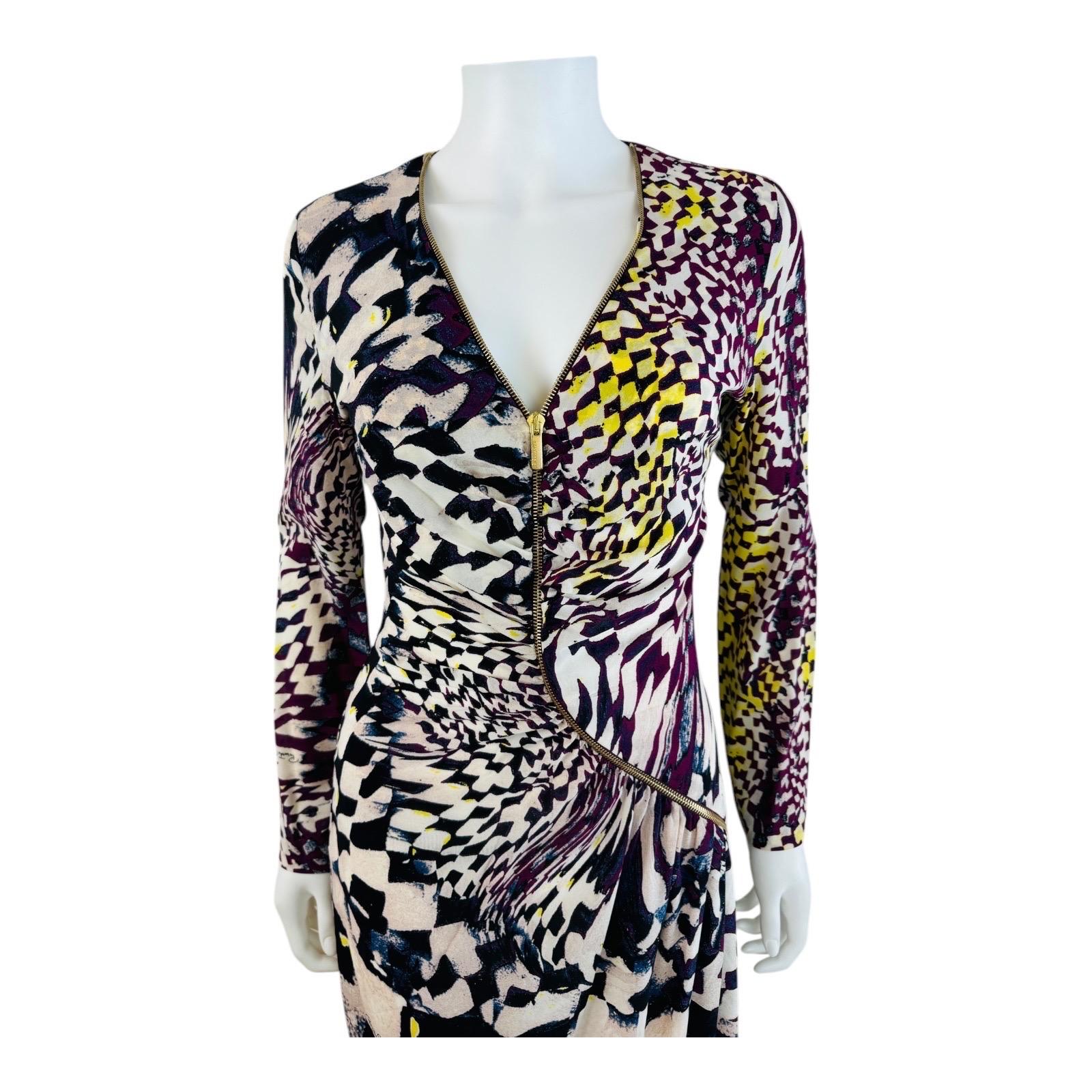 Vintage F/W 2003 Y2K Roberto Cavalli Geometric Dress Zipper Midi Dress In Excellent Condition For Sale In Denver, CO