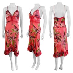 Vintage F/W 2004 Roberto Cavalli Coral Floral Silk Midi Slip Dress