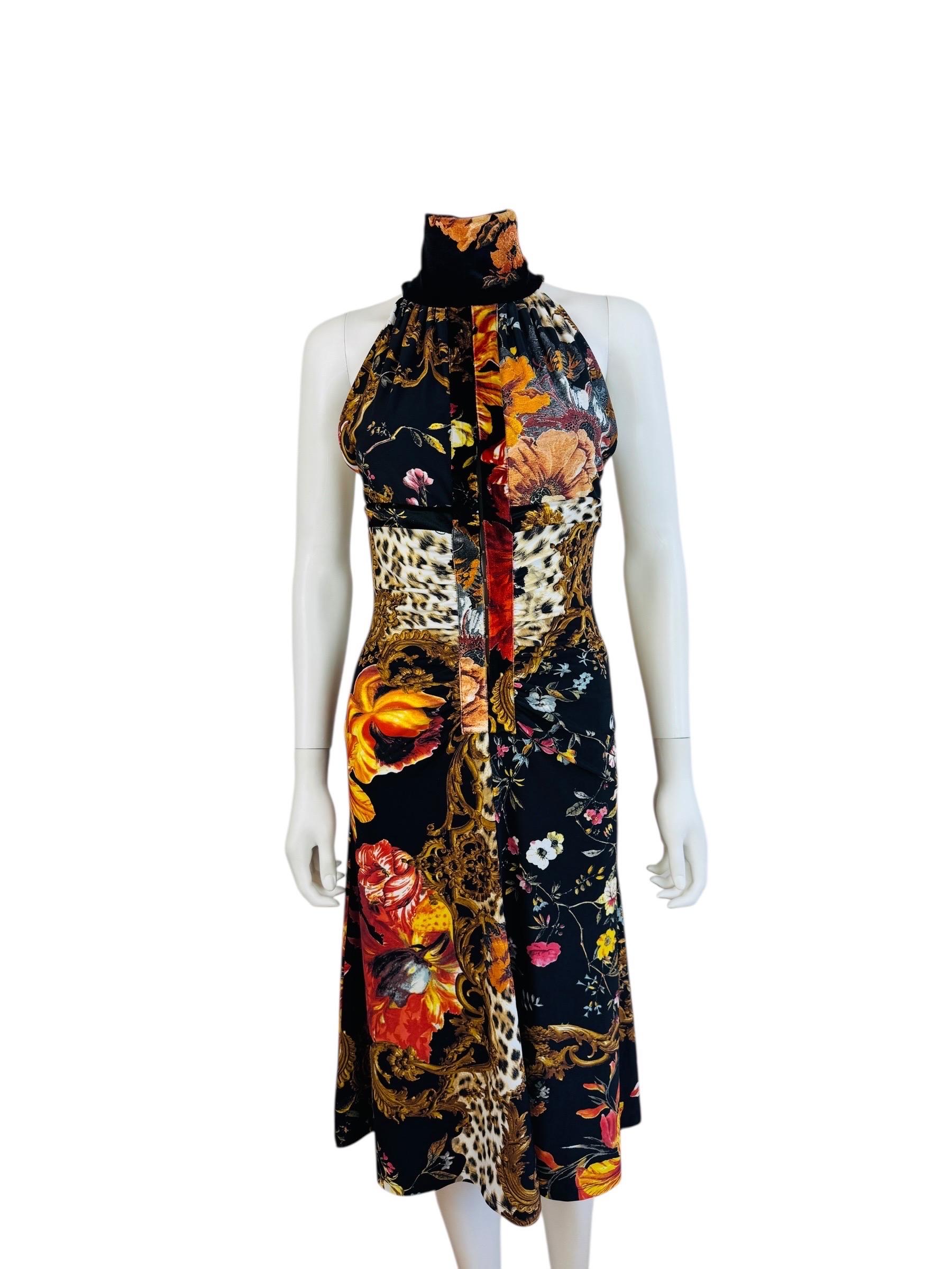 Vintage F/W 2005 Roberto Cavalli Black Halter Keyhole Cut Out Midi Dress Floral In Excellent Condition For Sale In Denver, CO