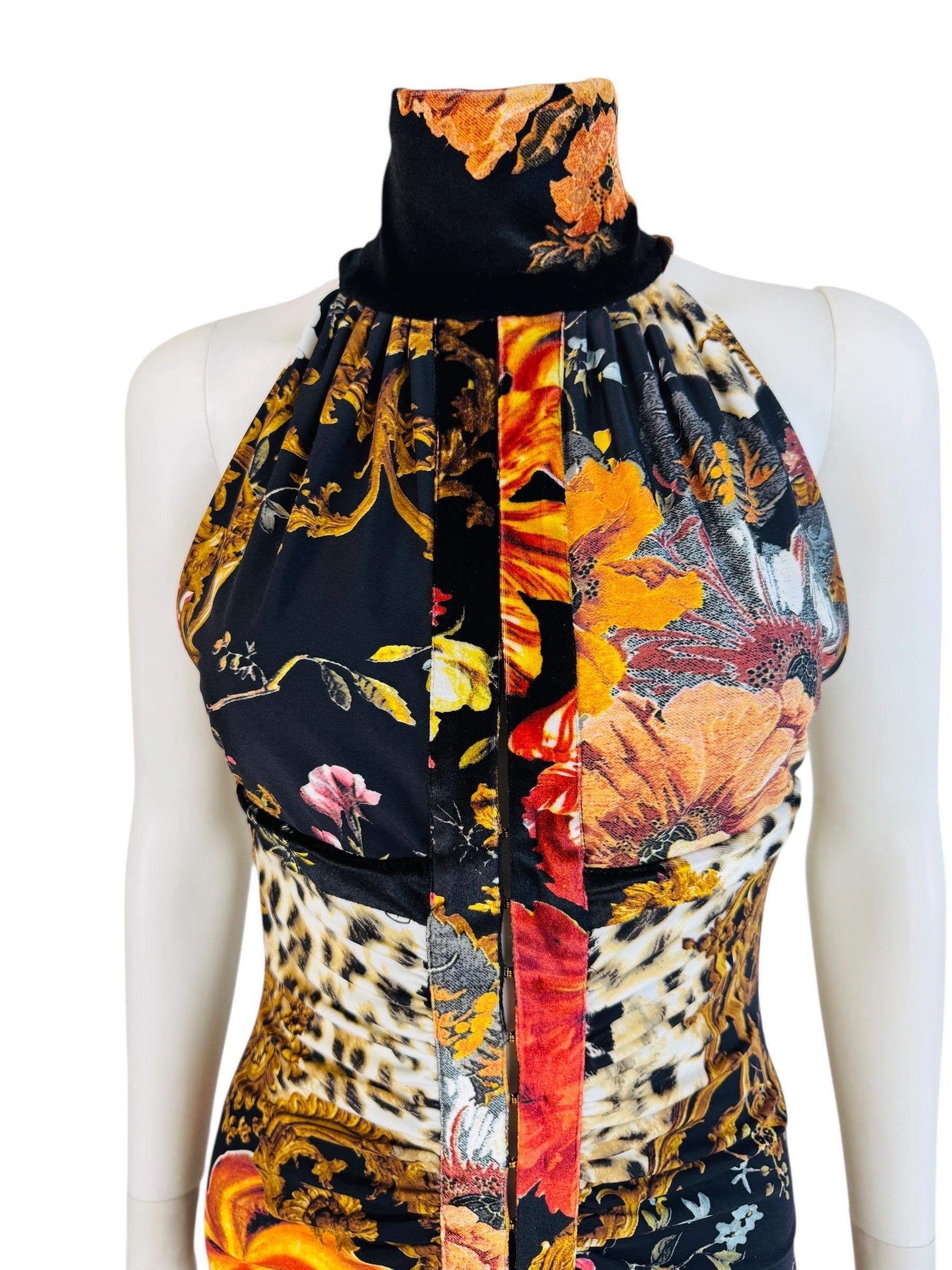 Women's or Men's Vintage F/W 2005 Roberto Cavalli Black Halter Keyhole Cut Out Midi Dress Floral For Sale
