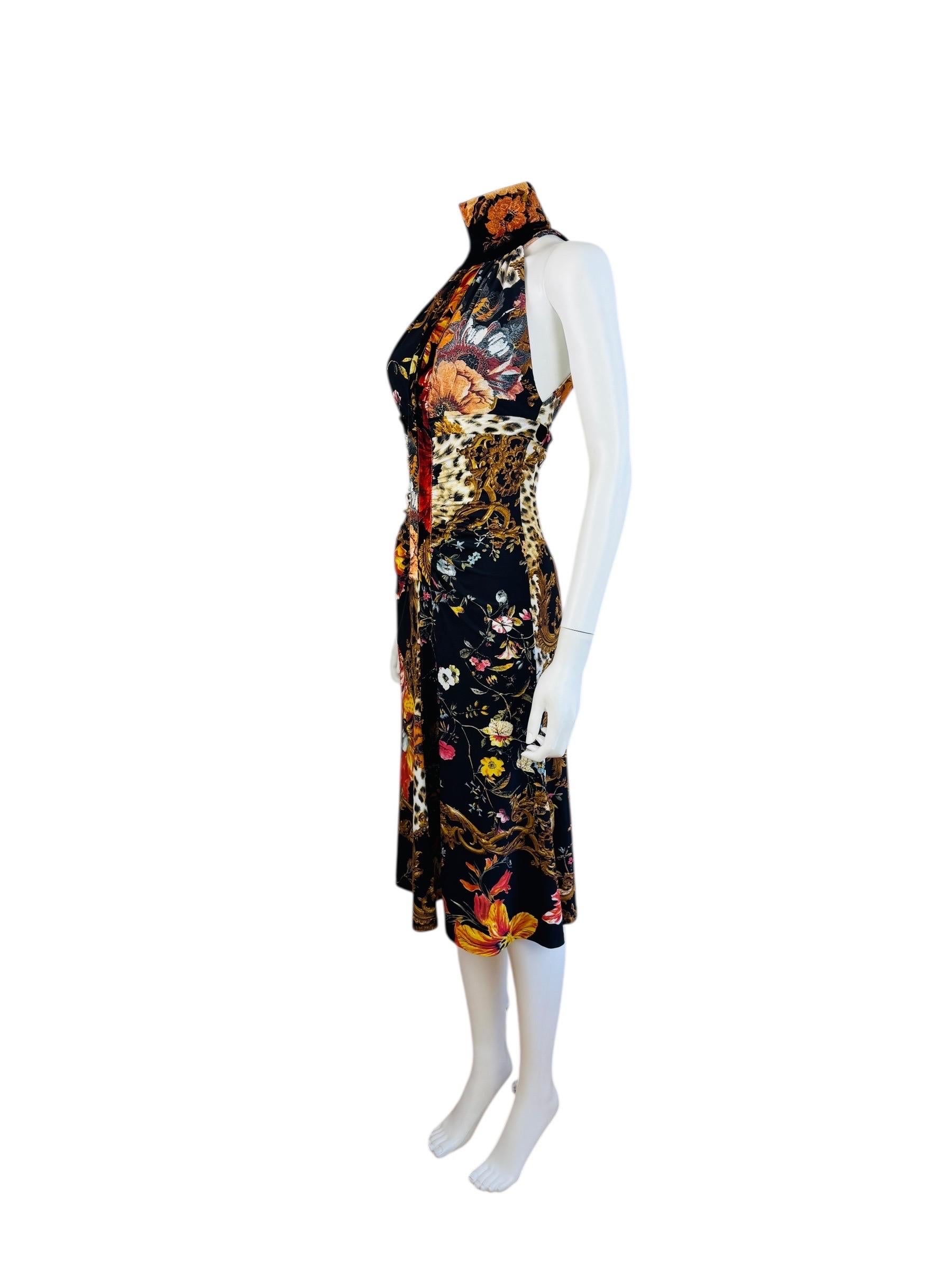 Vintage F/W 2005 Roberto Cavalli Black Halter Keyhole Cut Out Midi Dress Floral For Sale 3