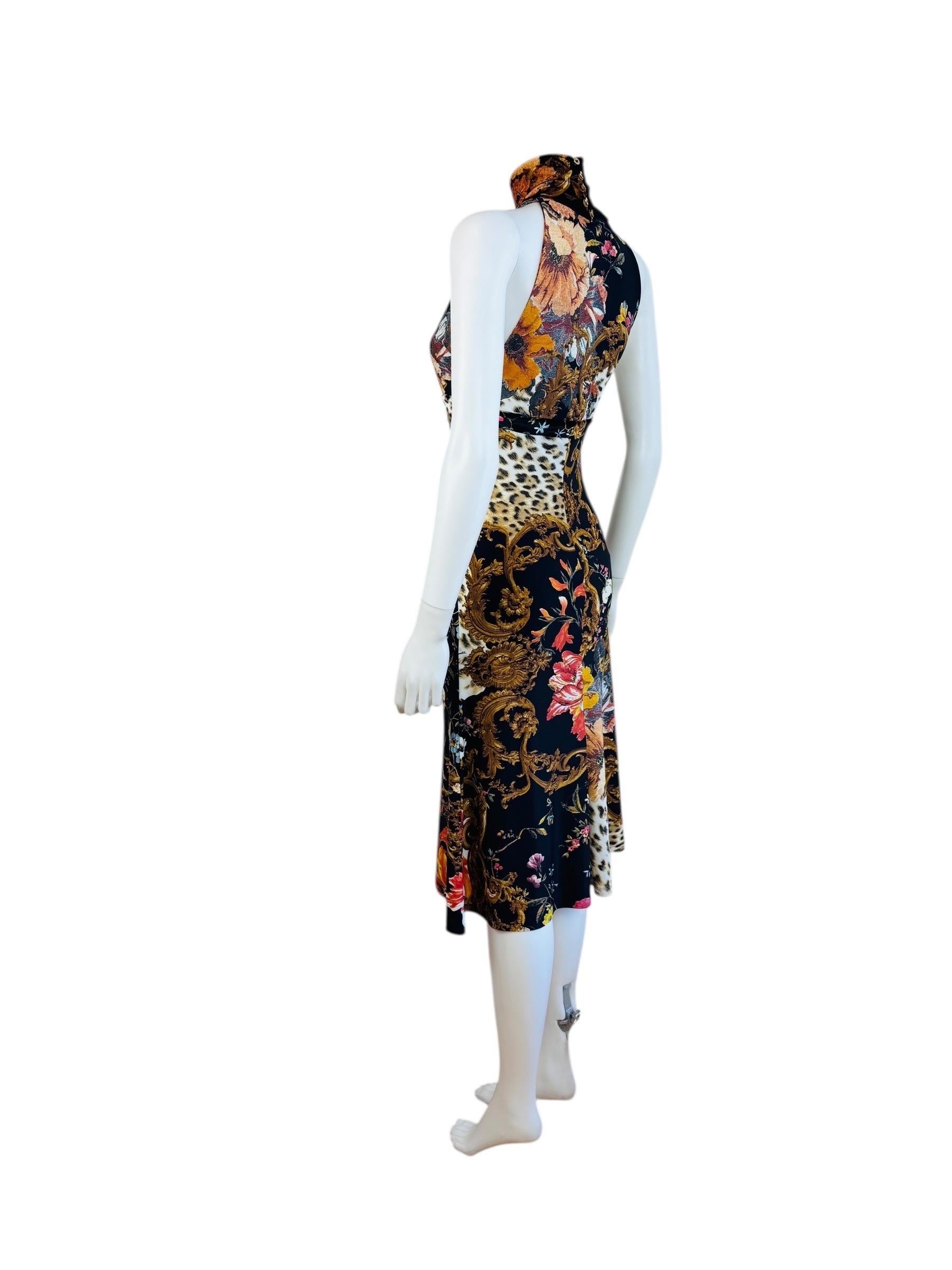 Vintage F/W 2005 Roberto Cavalli Black Halter Keyhole Cut Out Midi Dress Floral For Sale 4
