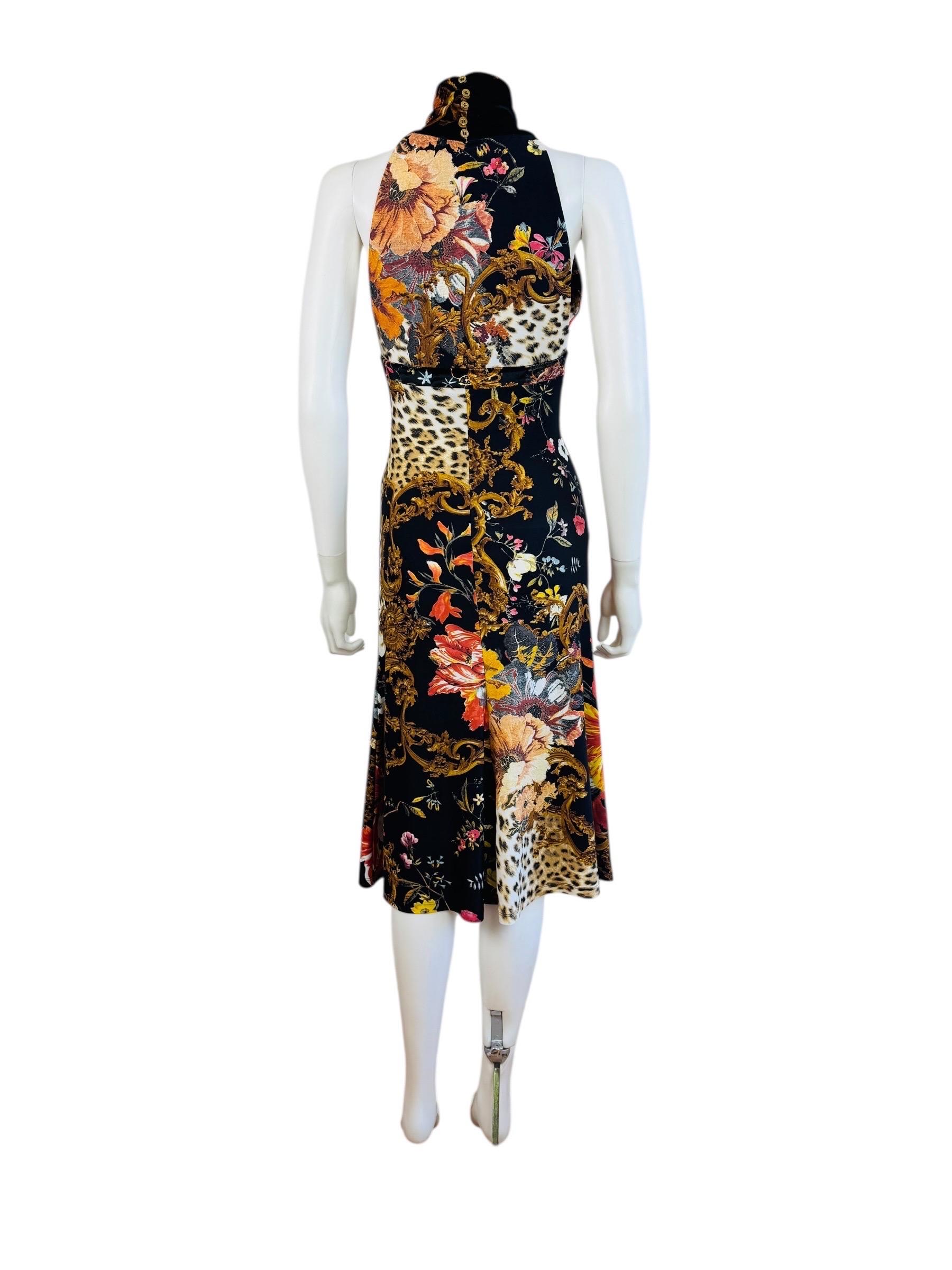 Vintage F/W 2005 Roberto Cavalli Black Halter Keyhole Cut Out Midi Dress Floral For Sale 5