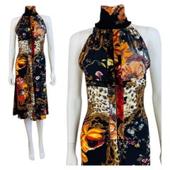 Vintage F/W 2005 Roberto Cavalli Black Halter Keyhole Cut Out Midi Dress Floral