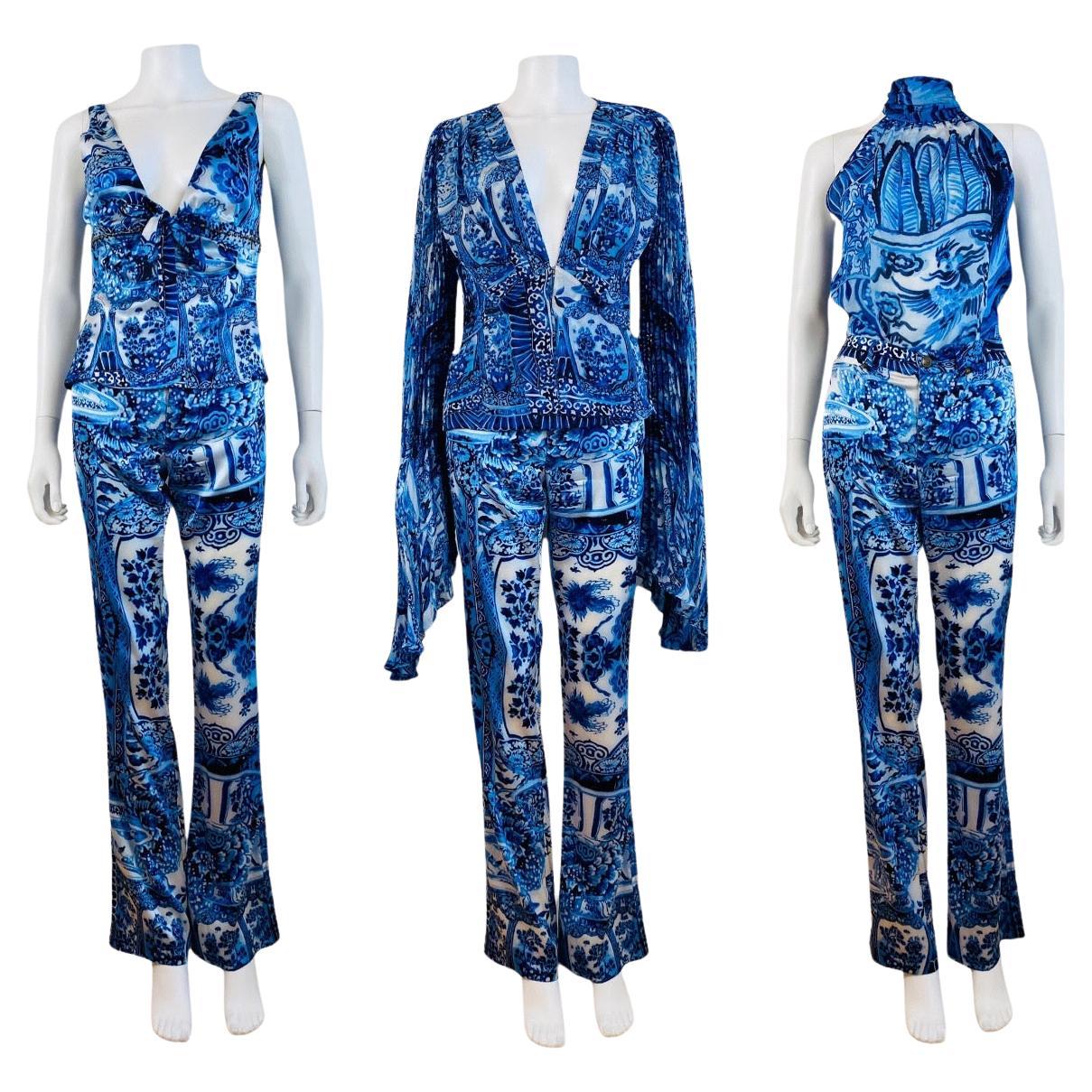 Vintage F/W 2005 Roberto Cavalli Chinoiserie Ming Vase Dragon Pants + 3 Tops For Sale