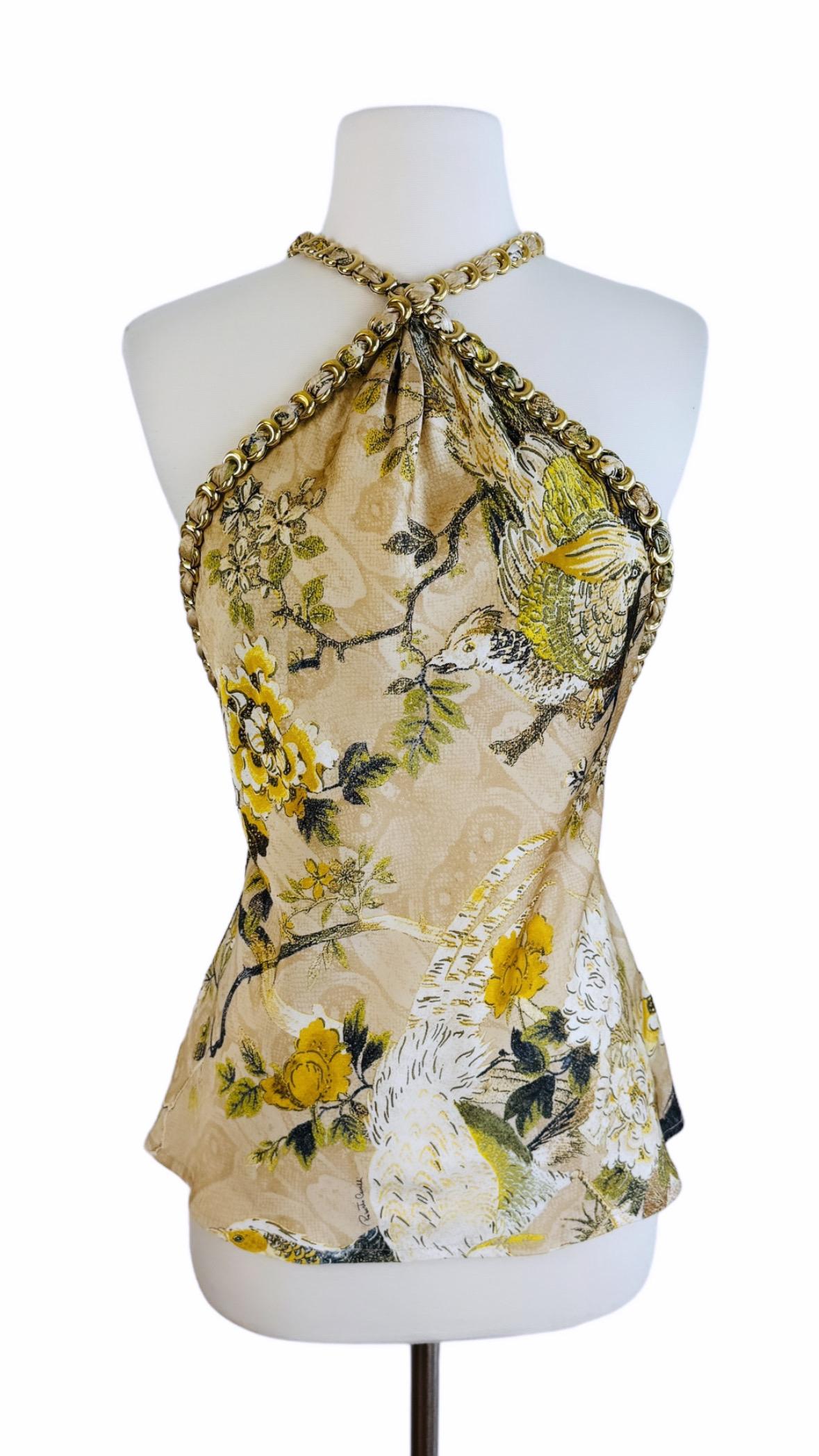 Marron Vintage F/W 2006 Robert Cavalli Tan Silk Halter Blouse Top Floral Gold Chain