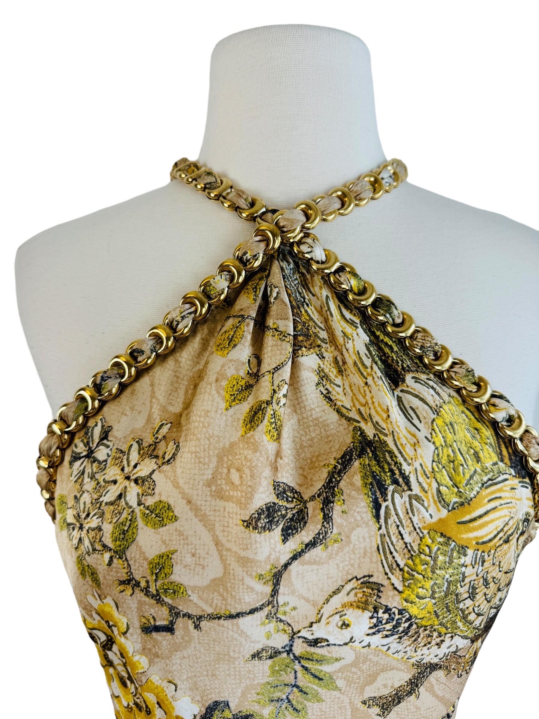 Vintage F/W 2006 Robert Cavalli Tan Silk Halter Blouse Top Floral Gold Chain Excellent état à Denver, CO