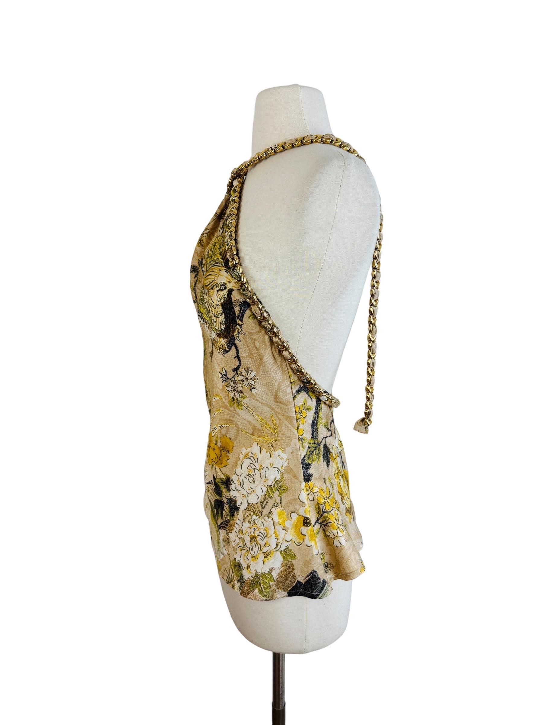  Vintage F/W 2006 Robert Cavalli Tan Silk Halter Blouse Top Floral Gold Chain Pour femmes 