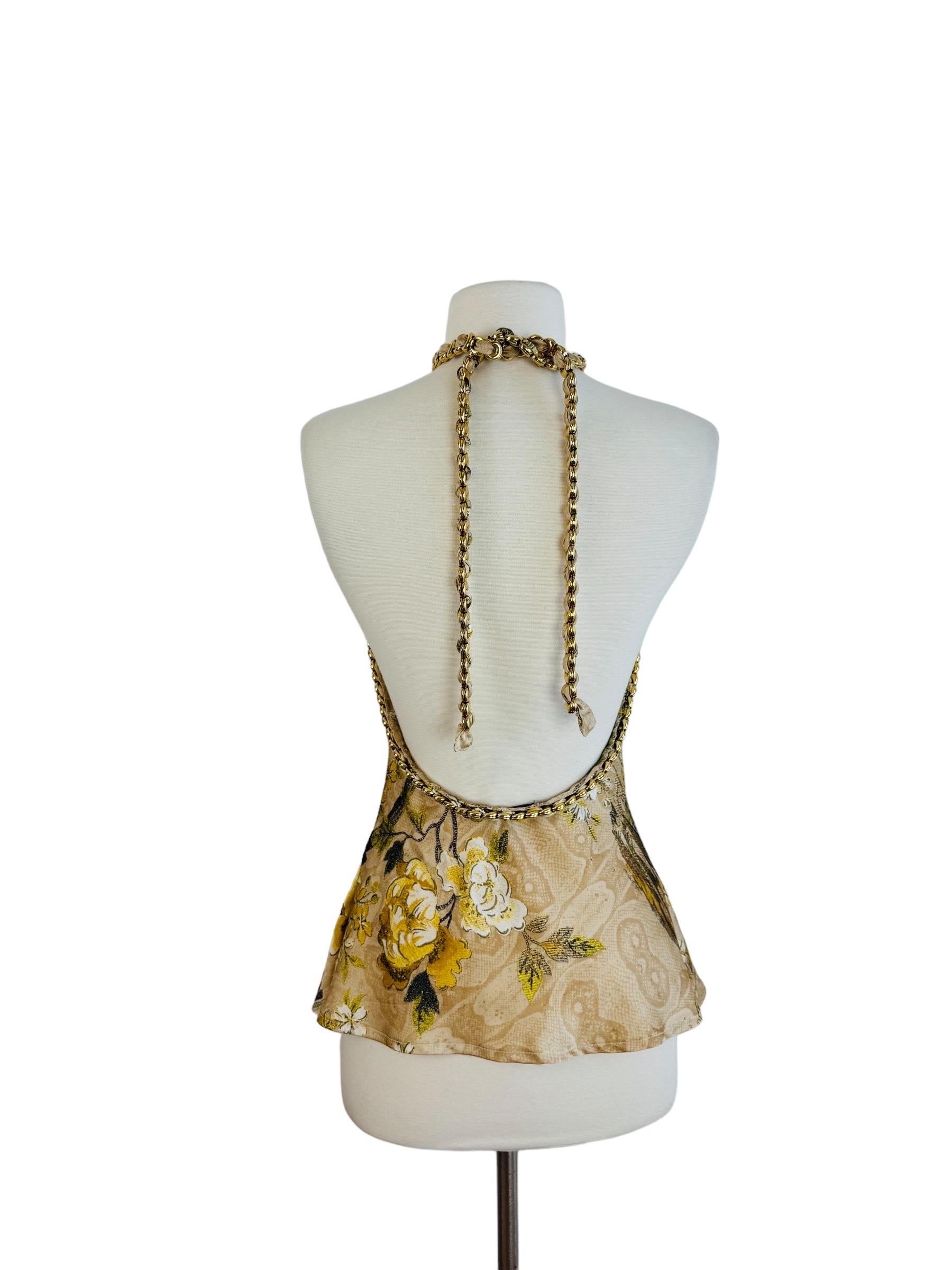 Vintage F/W 2006 Robert Cavalli Tan Silk Halter Blouse Top Floral Gold Chain 1