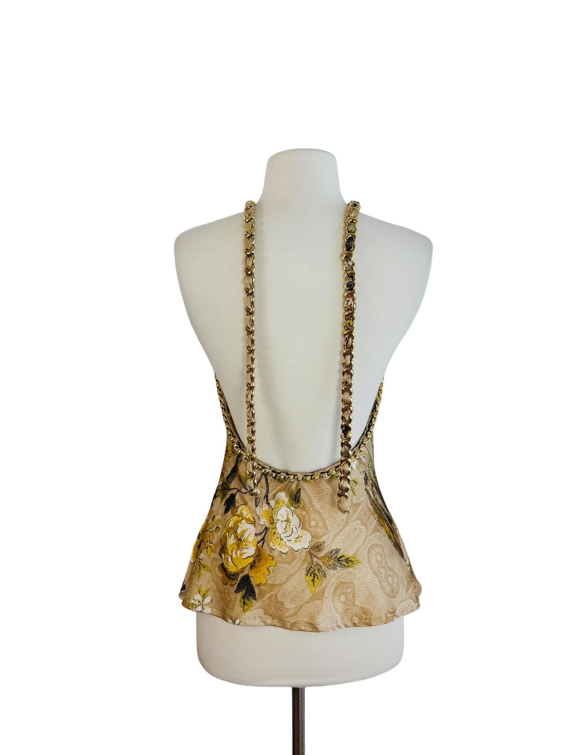 Vintage F/W 2006 Robert Cavalli Tan Silk Halter Blouse Top Floral Gold Chain 2