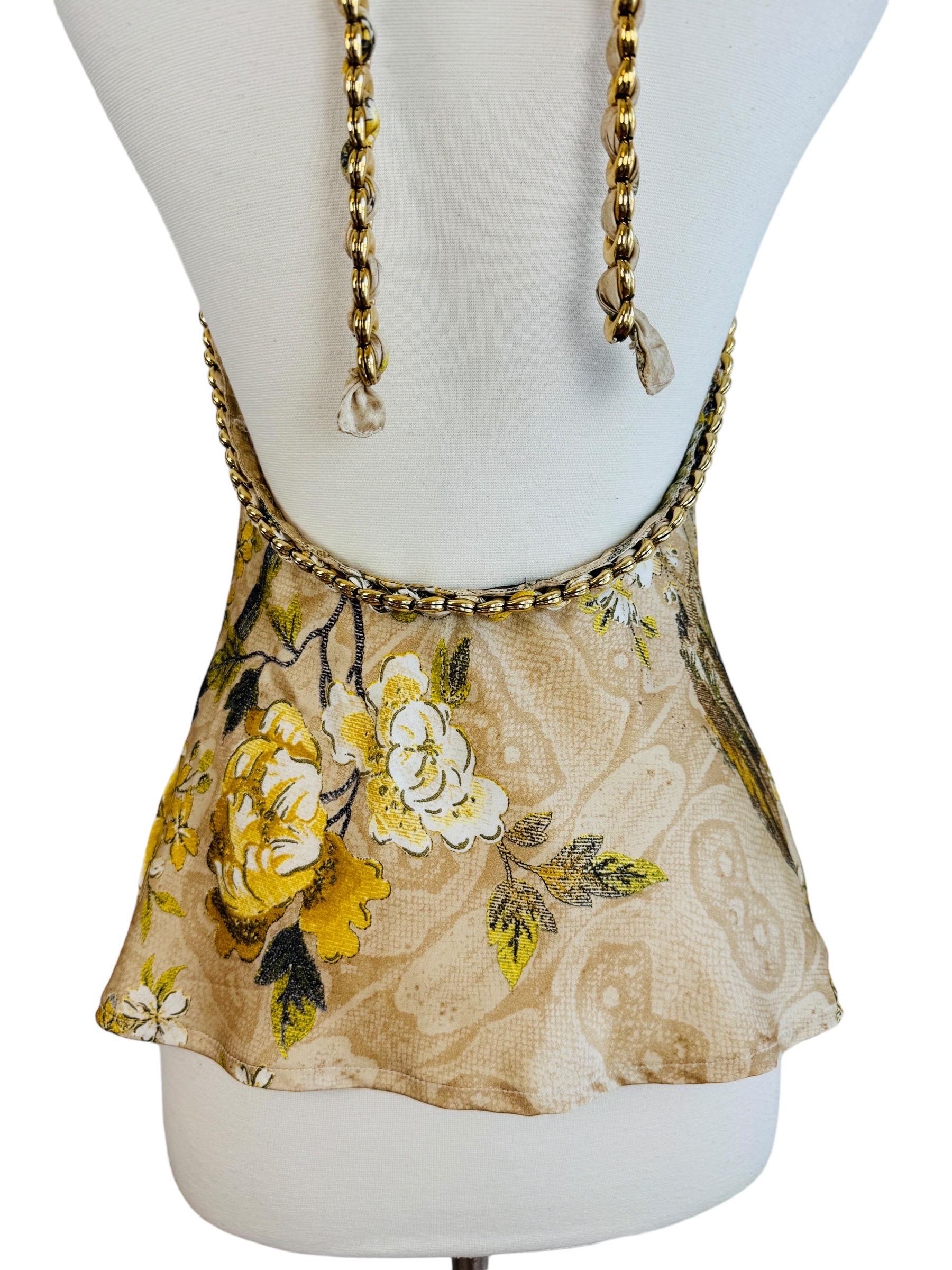 Vintage F/W 2006 Robert Cavalli Tan Silk Halter Blouse Top Floral Gold Chain 3