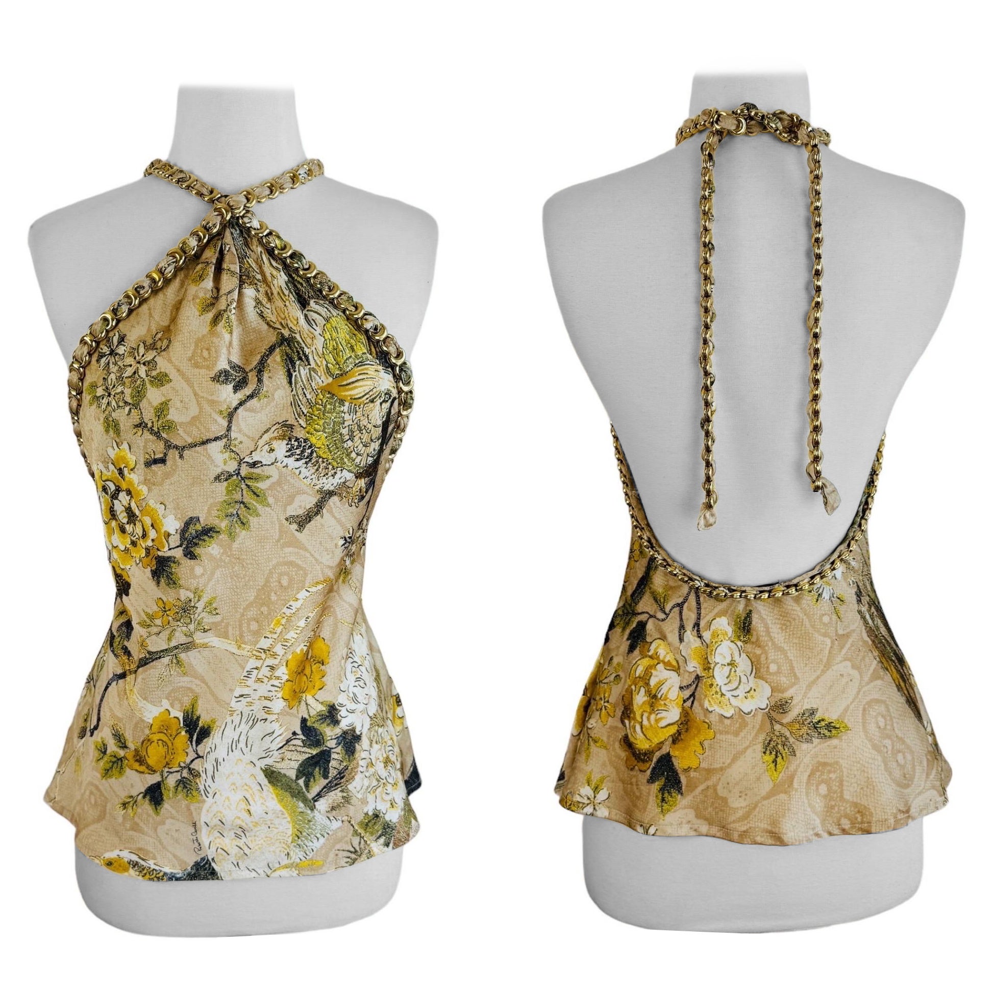 Vintage F/W 2006 Robert Cavalli Tan Silk Halter Blouse Top Floral Gold Chain