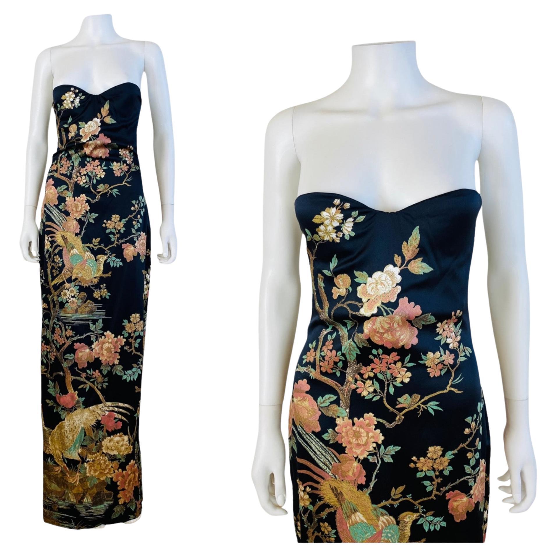 Stunning F/W 2006 Roberto Cavalli Dress with original tags (pinned to mannequin)
Black silk + elastane fabric with oversized floral + pheasant print 
This is a silk satin style fabric
Hand painted style print with gold accents
Sleeveless 
Sweetheart