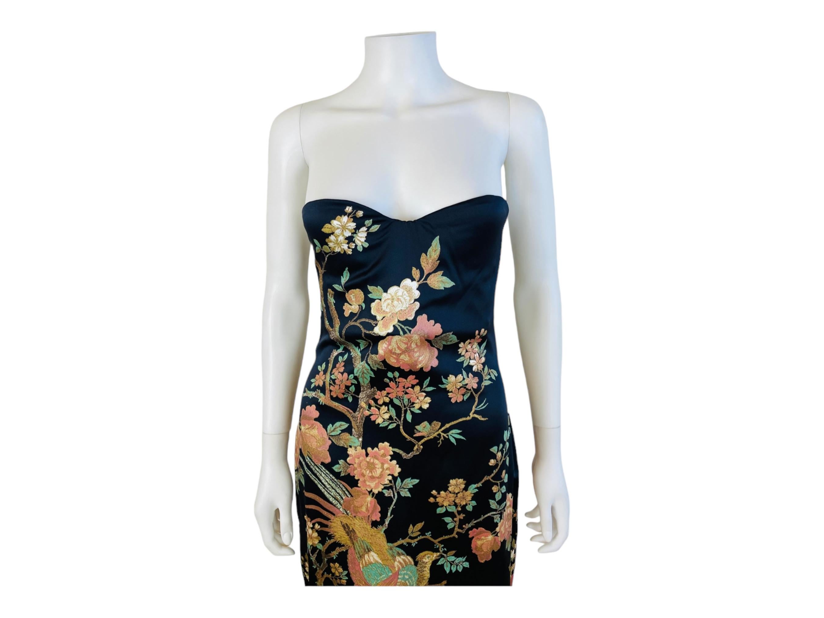Vintage F/W 2006 Roberto Cavalli Black Silk Floral Pheasant Strapless Dress Gown In Excellent Condition In Denver, CO