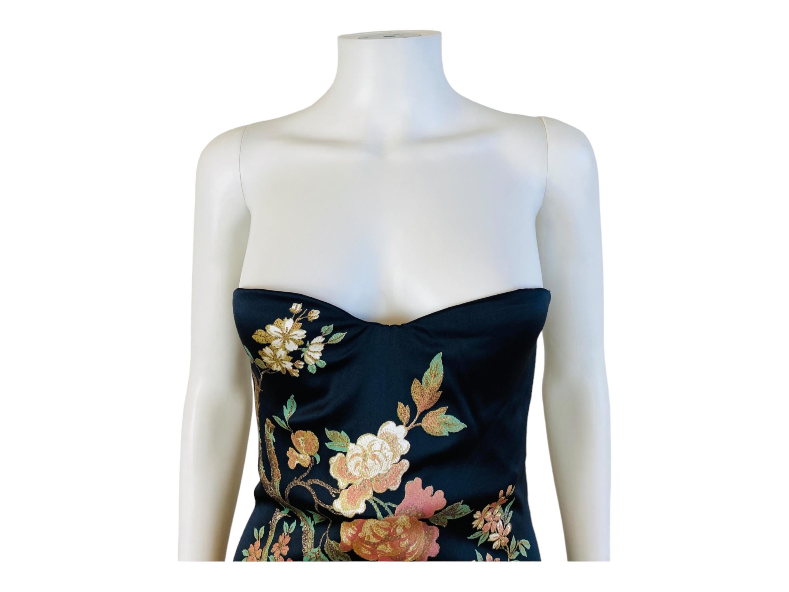 Women's Vintage F/W 2006 Roberto Cavalli Black Silk Floral Pheasant Strapless Dress Gown For Sale