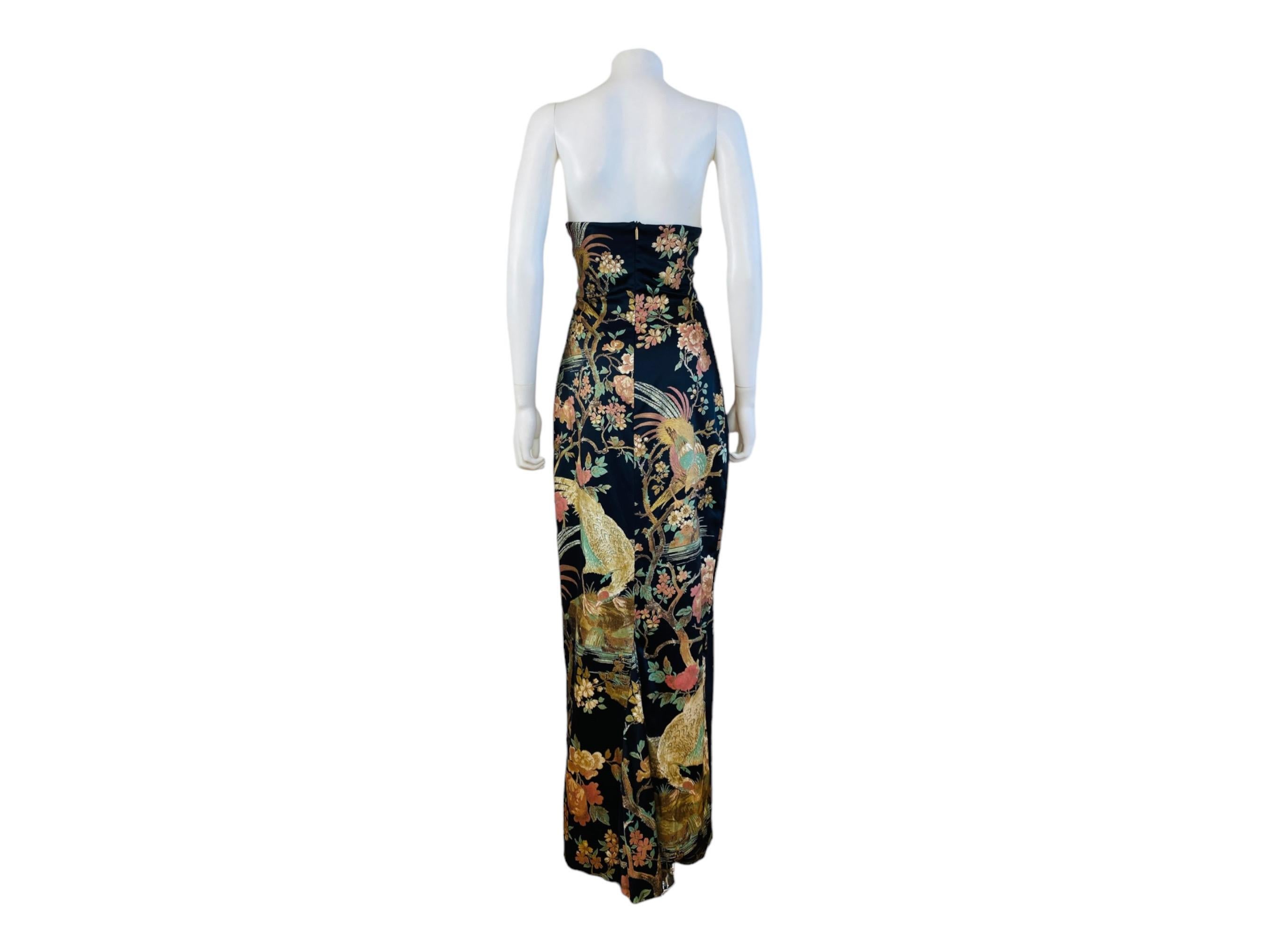 Vintage F/W 2006 Roberto Cavalli Black Silk Floral Pheasant Strapless Dress Gown For Sale 3