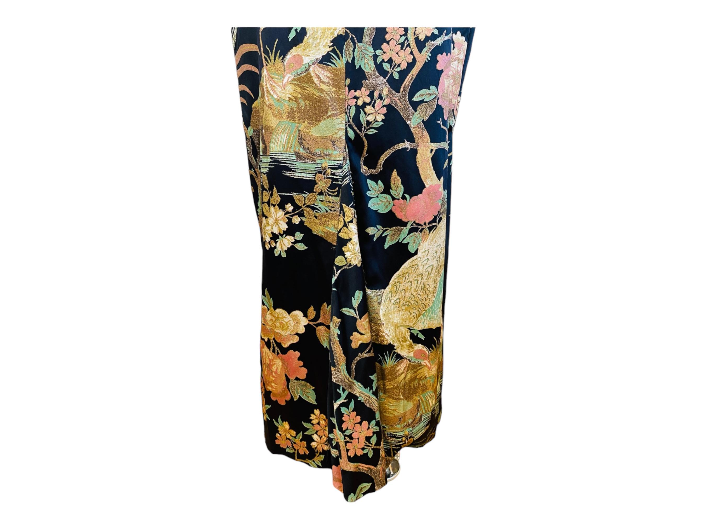 Vintage F/W 2006 Roberto Cavalli Black Silk Floral Pheasant Strapless Dress Gown For Sale 5