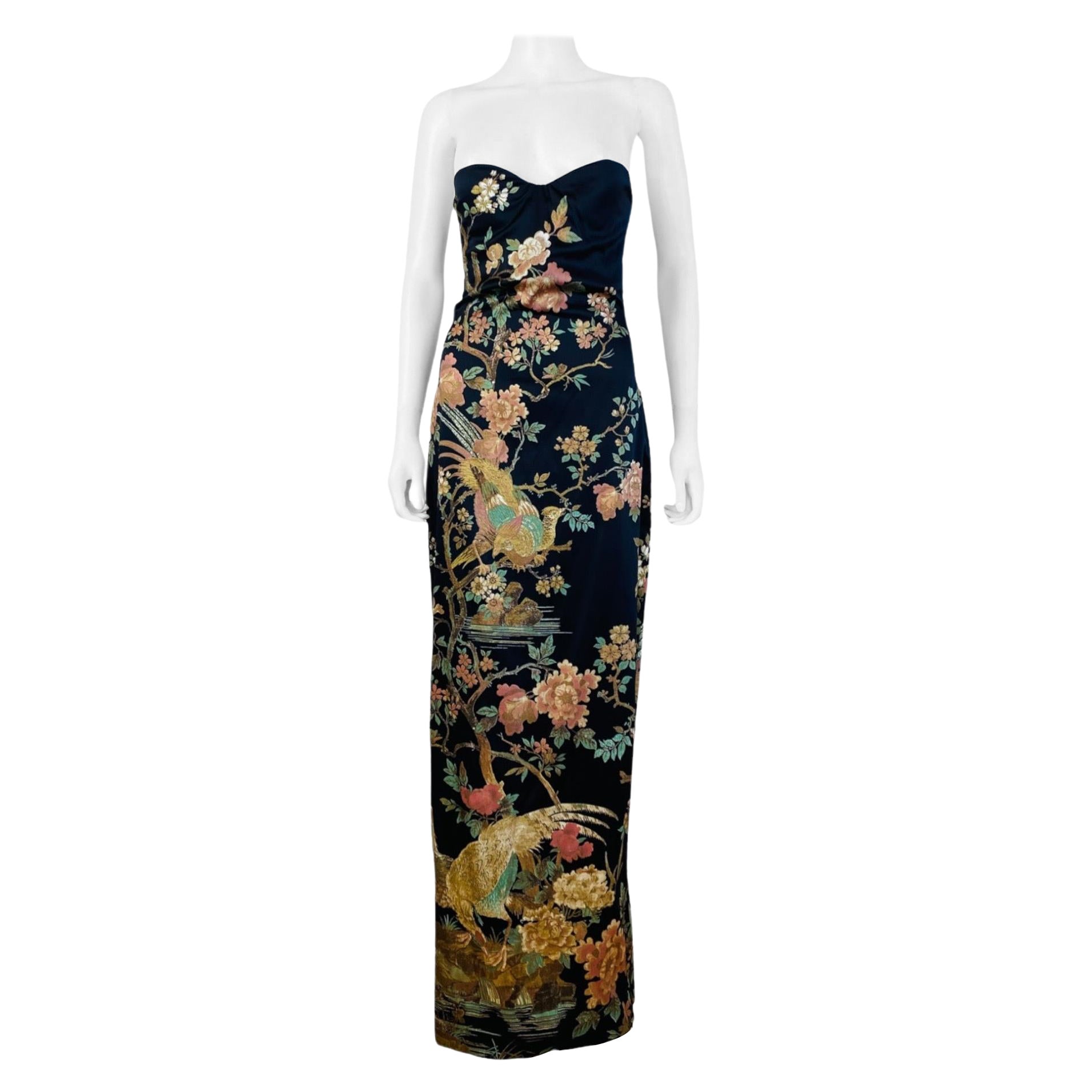 Vintage F/W 2006 Roberto Cavalli Black Silk Floral Pheasant Strapless Dress Gown
