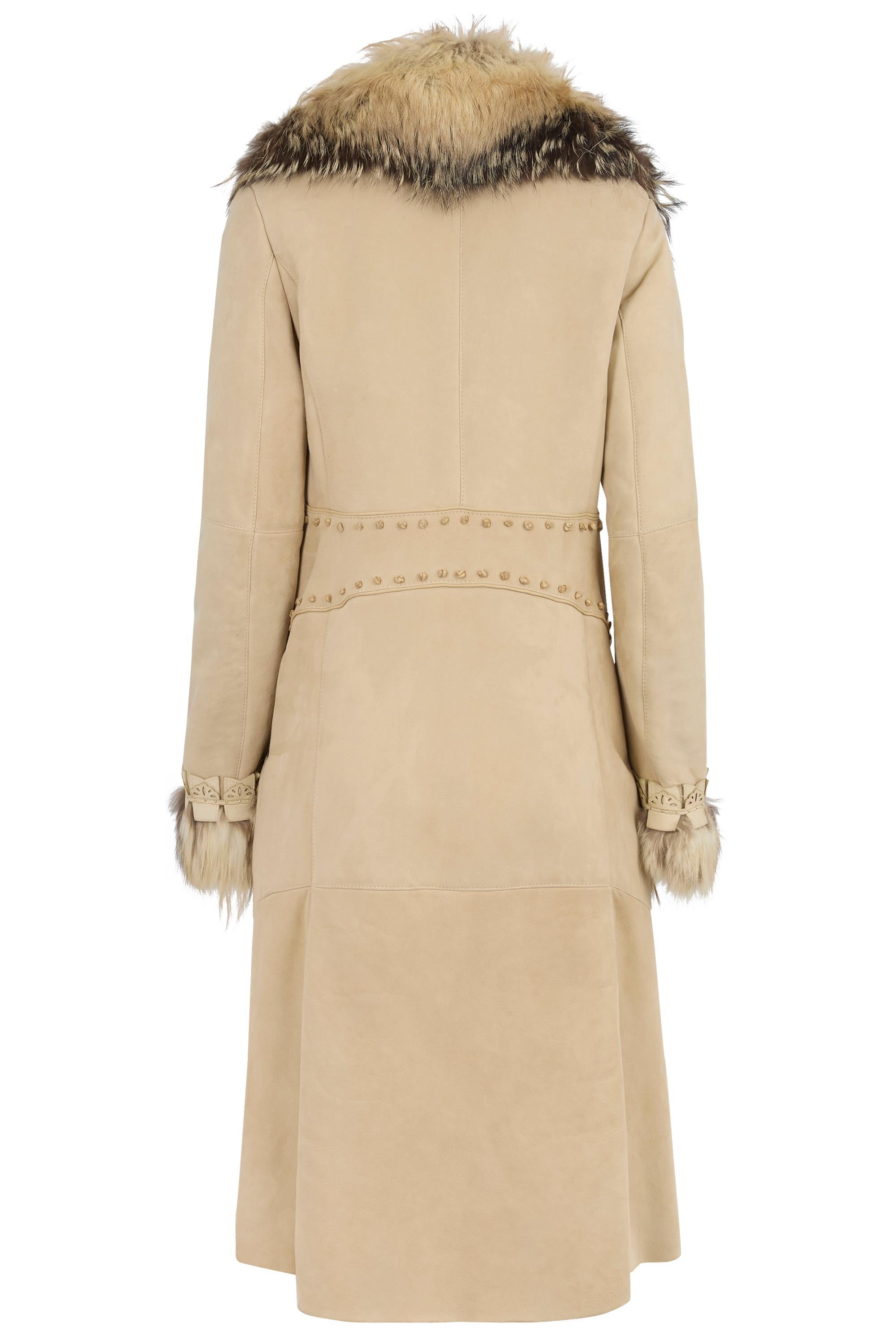 Vintage F/W 2006 Roberto Cavalli Manteau en cuir et daim avec bordures en renard argenté Excellent état - En vente à London, GB