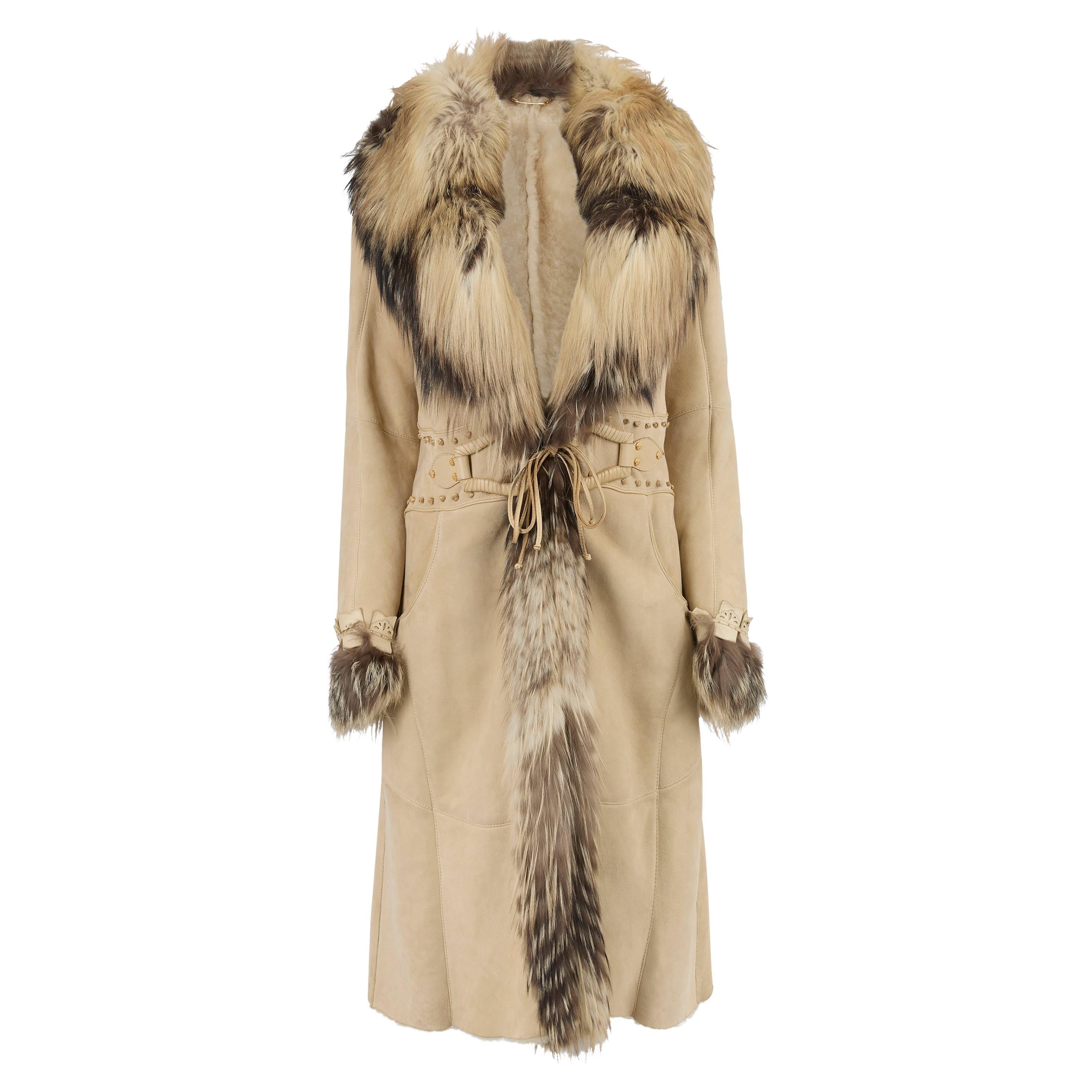 Vintage F/W 2006 Roberto Cavalli Manteau en cuir et daim avec bordures en renard argenté en vente